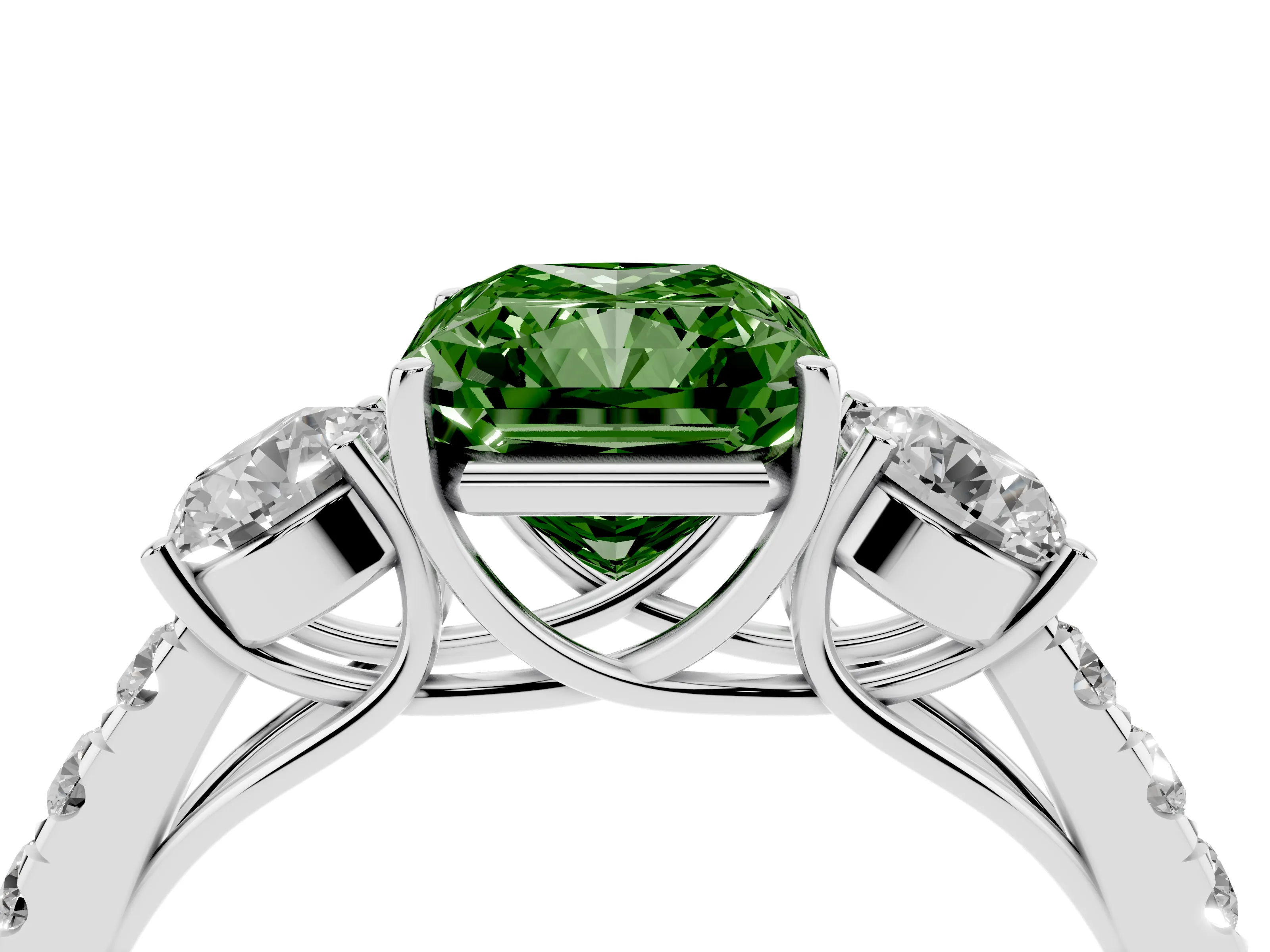 Fancy Green Radiant Cut Diamond Three-Stone Ring Set in Silver with Round Side Stones and Delicate Pavé Band