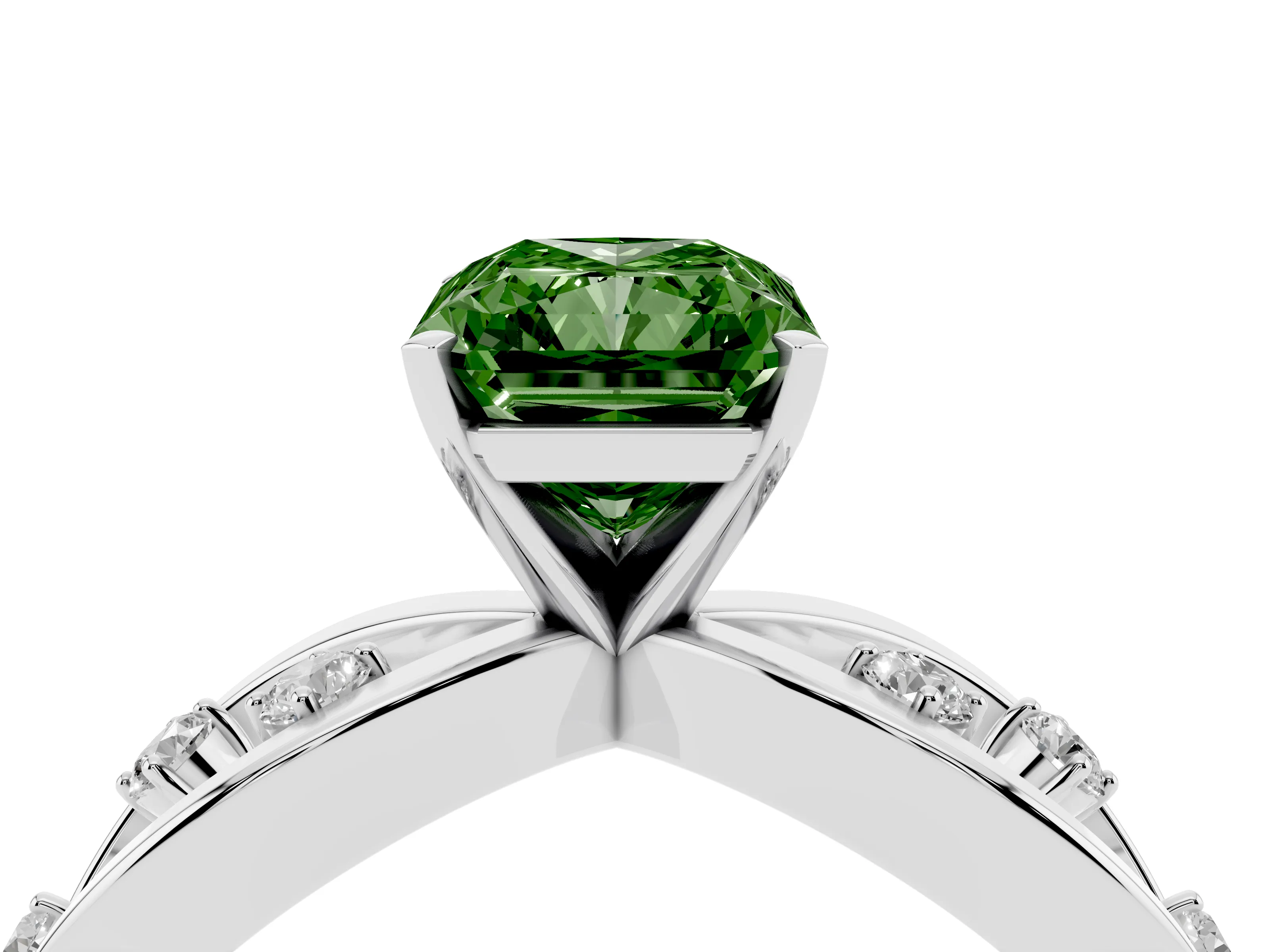 Fancy Green Radiant Cut Diamond Solitaire Ring Set in Platinum with Side Stones on Criss-Cross Band and Prong Setting