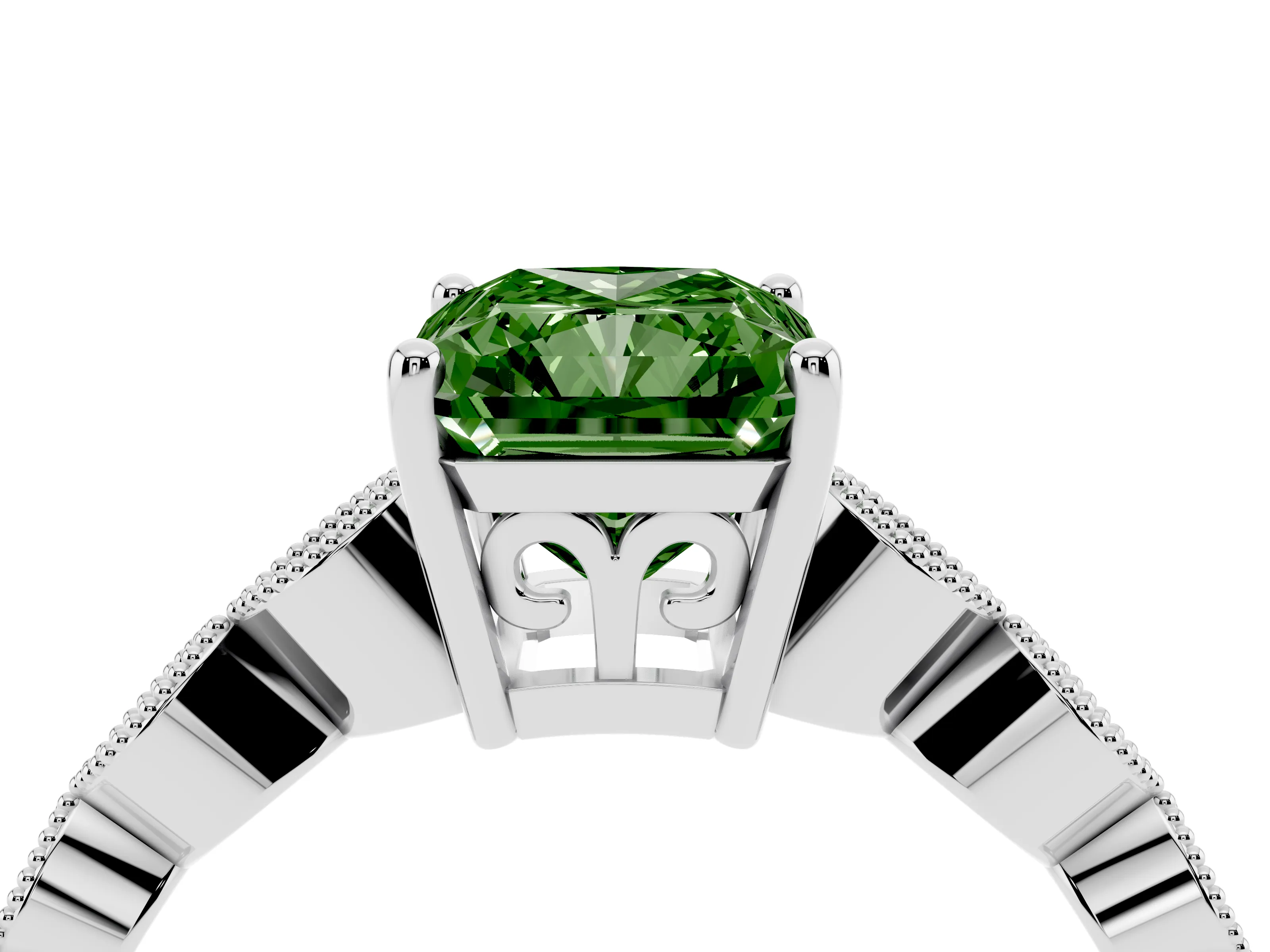 Fancy Green Radiant Cut Diamond Solitaire Ring Set in Platinum with Infinity Twist Pavé Band
