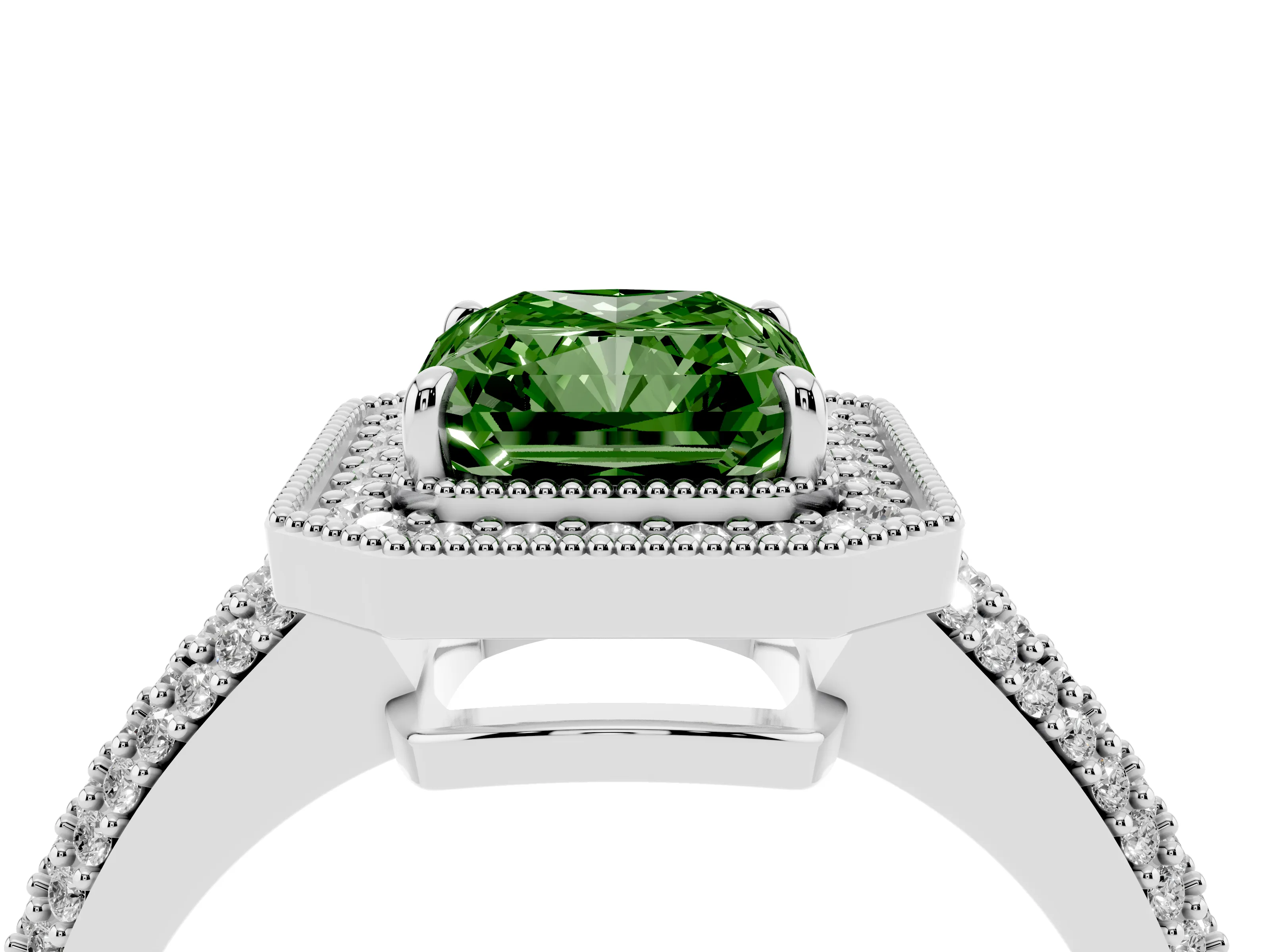Fancy Green Radiant Cut Diamond Halo Pavé Band Set in White gold with Prong Setting