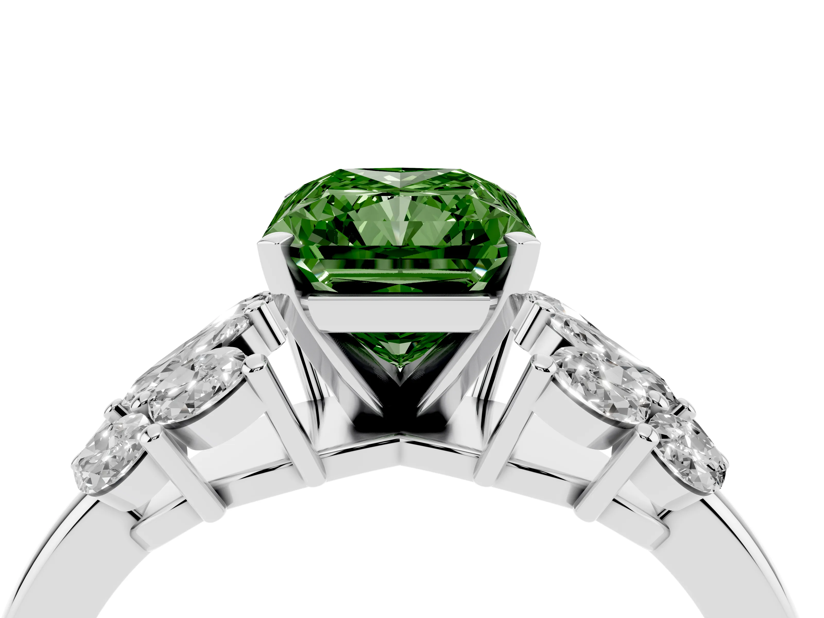 Fancy Green Radiant Cut Diamond Cluster Leaf Design Ring Set in White gold with Prong Setting