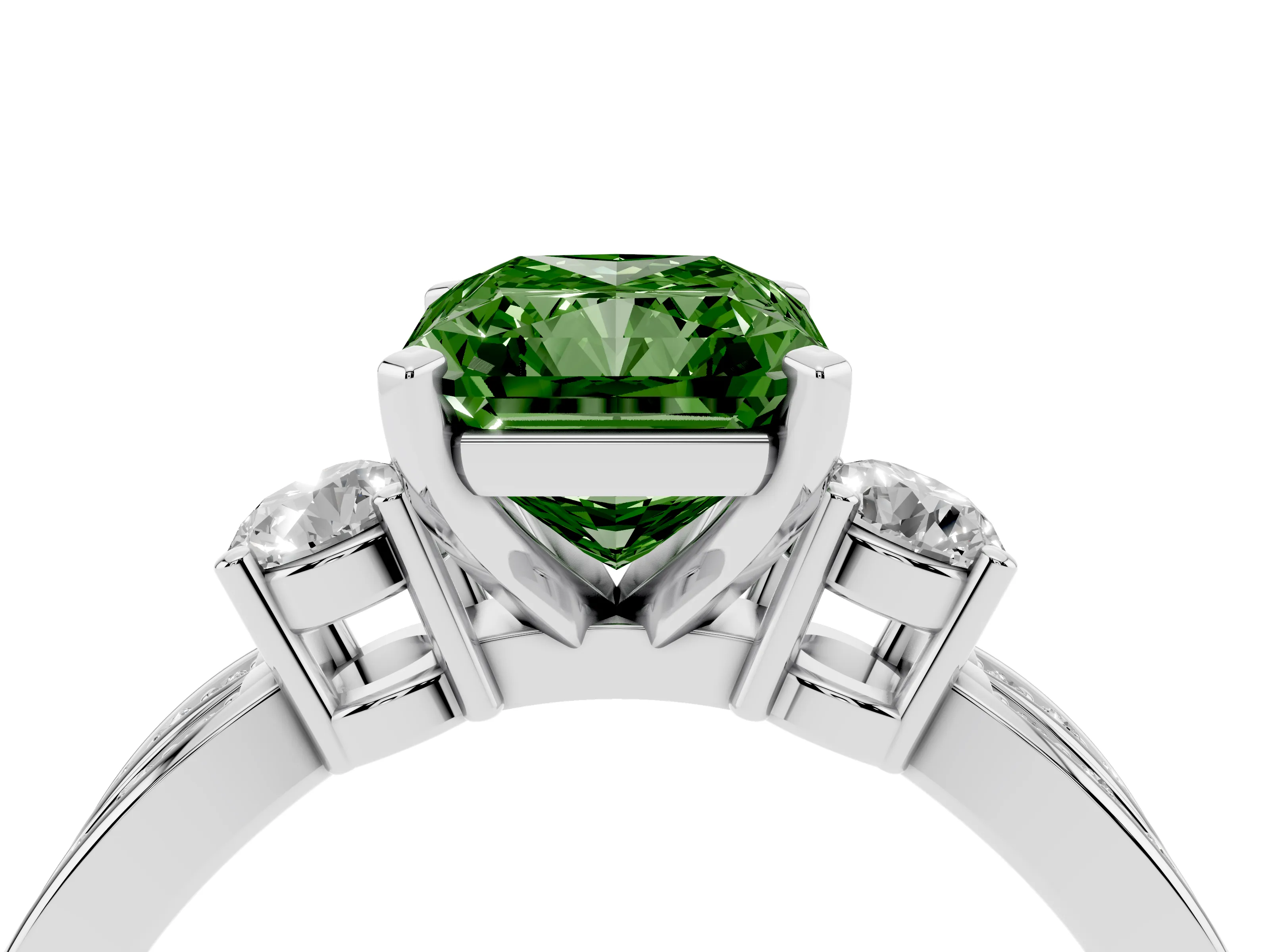 Fancy Green Three-Stone Radiant Cut Diamond Twist Band Ring Set in Platinum with Pavé Accents and Prong Setting
