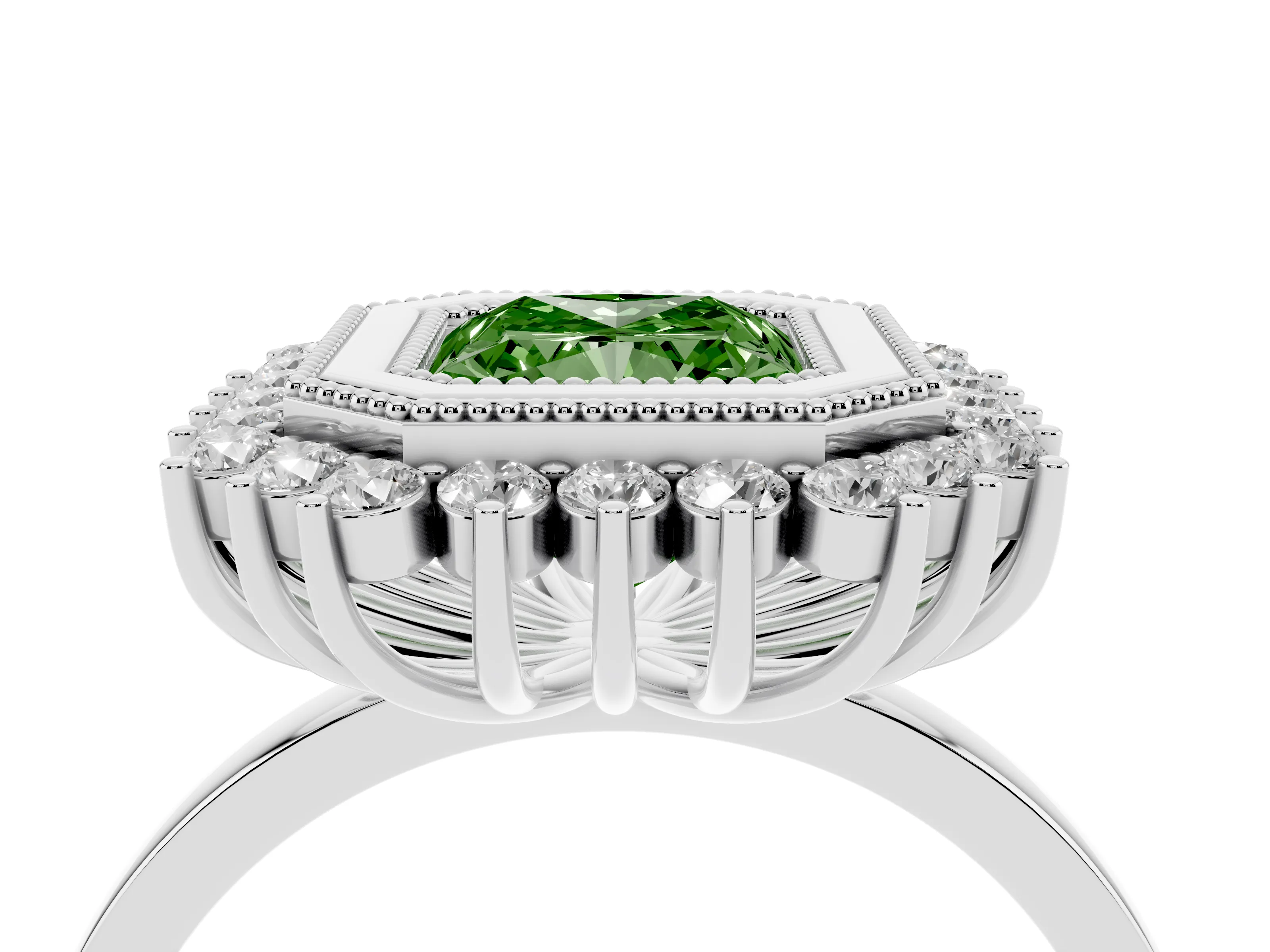 Fancy Green Radiant Cut Diamond Halo Ring Set in Platinum with Milgrain Edge and Round Prong Setting
