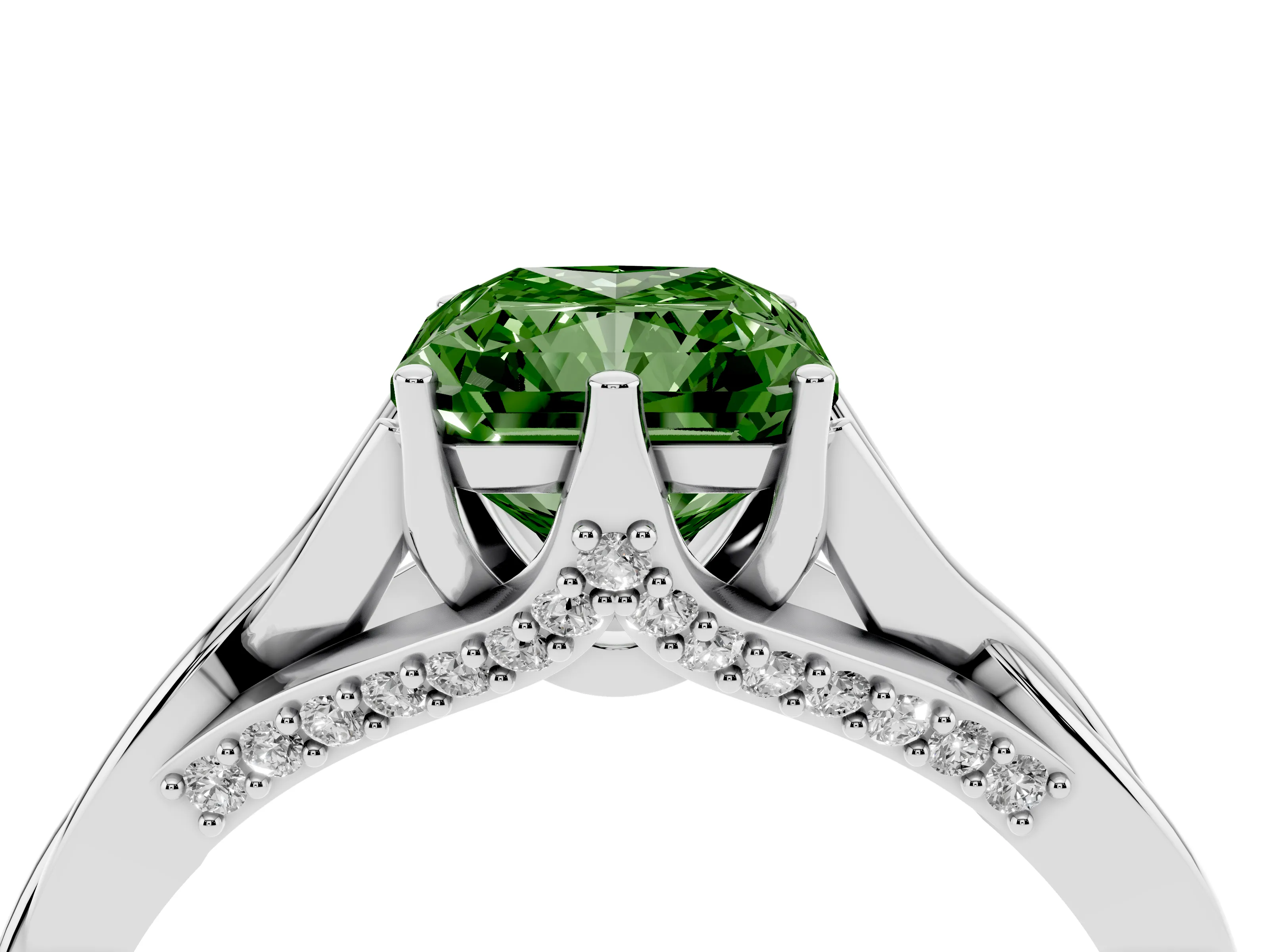 Fancy Green Radiant Cut Diamond Intertwined Twist Band Solitaire Ring Set in White gold with Prong Setting