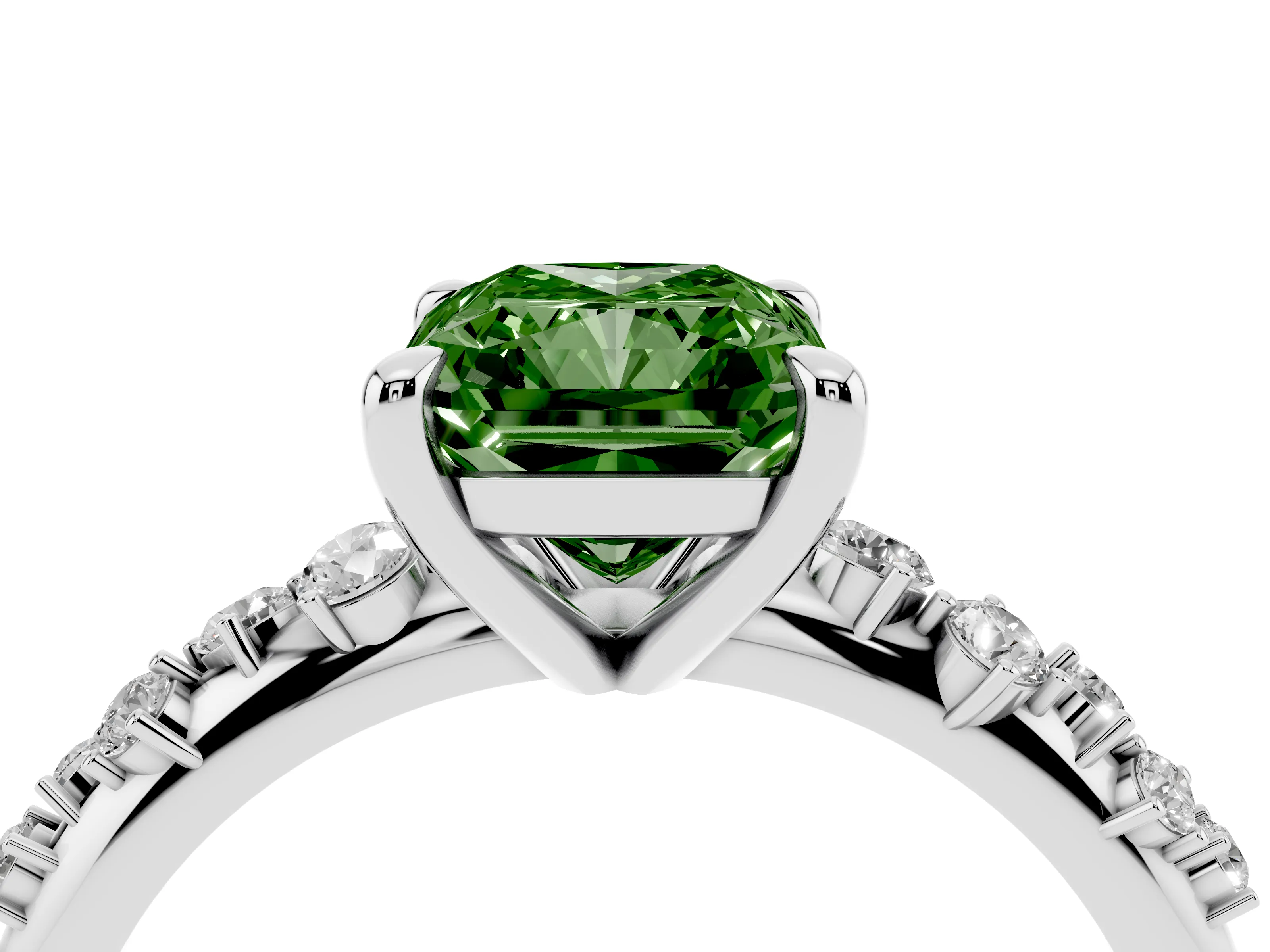 Fancy Green Radiant Cut Diamond Solitaire Vine Band Ring Set in Platinum with Round Accents and Prong Setting