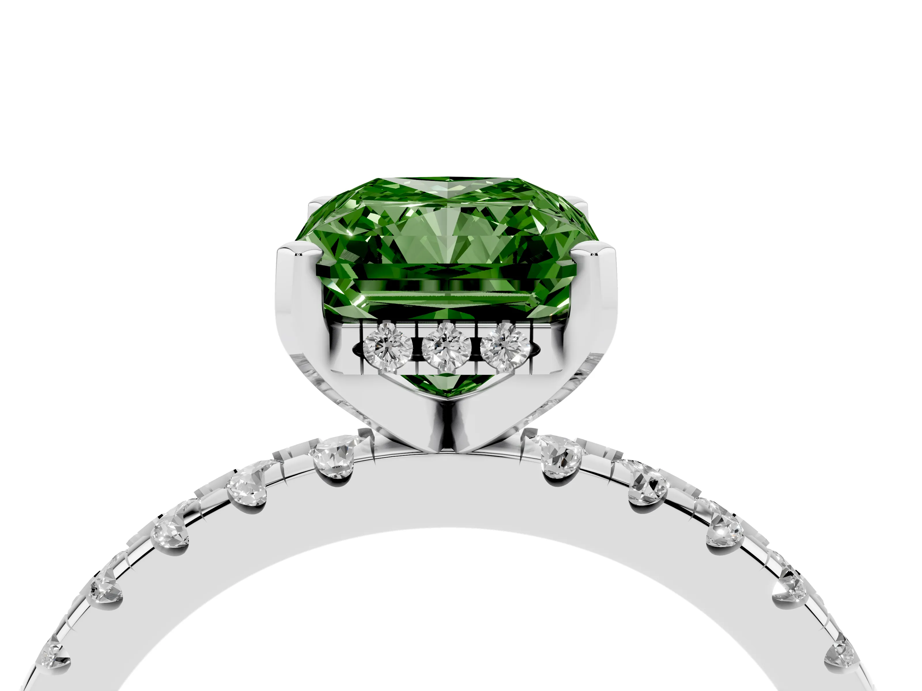 Fancy Green Radiant Cut Diamond Pavé Solitaire Ring Set in White gold with Round Band Accents and Prong Setting