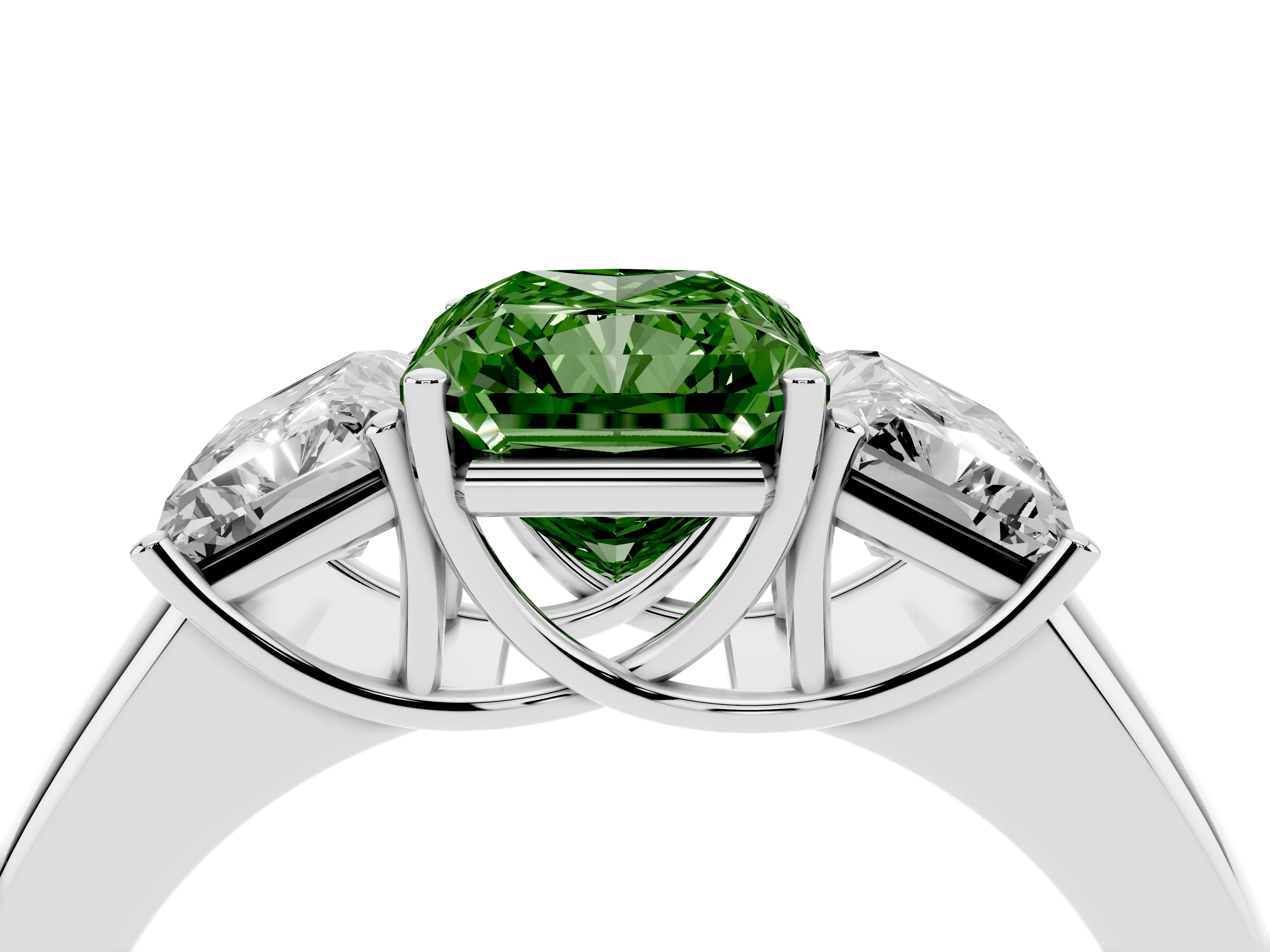 Fancy Green Three-Stone Radiant Cut Diamond Ring Set in White gold with Matching Prong Settings and Plain Band