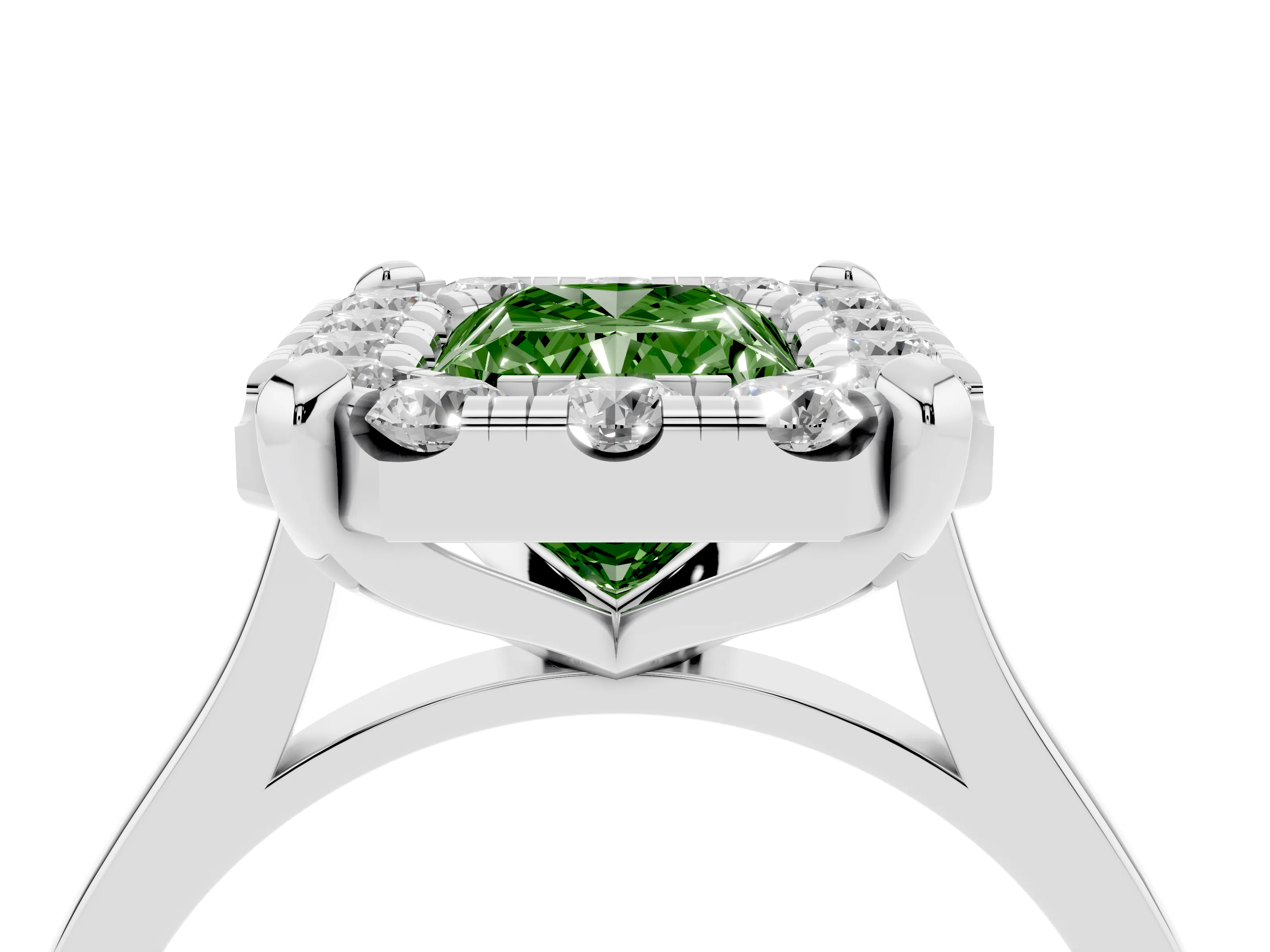 Fancy Green Radiant Cut Diamond Cluster Halo Solitaire Ring Set in Silver with Prong Setting