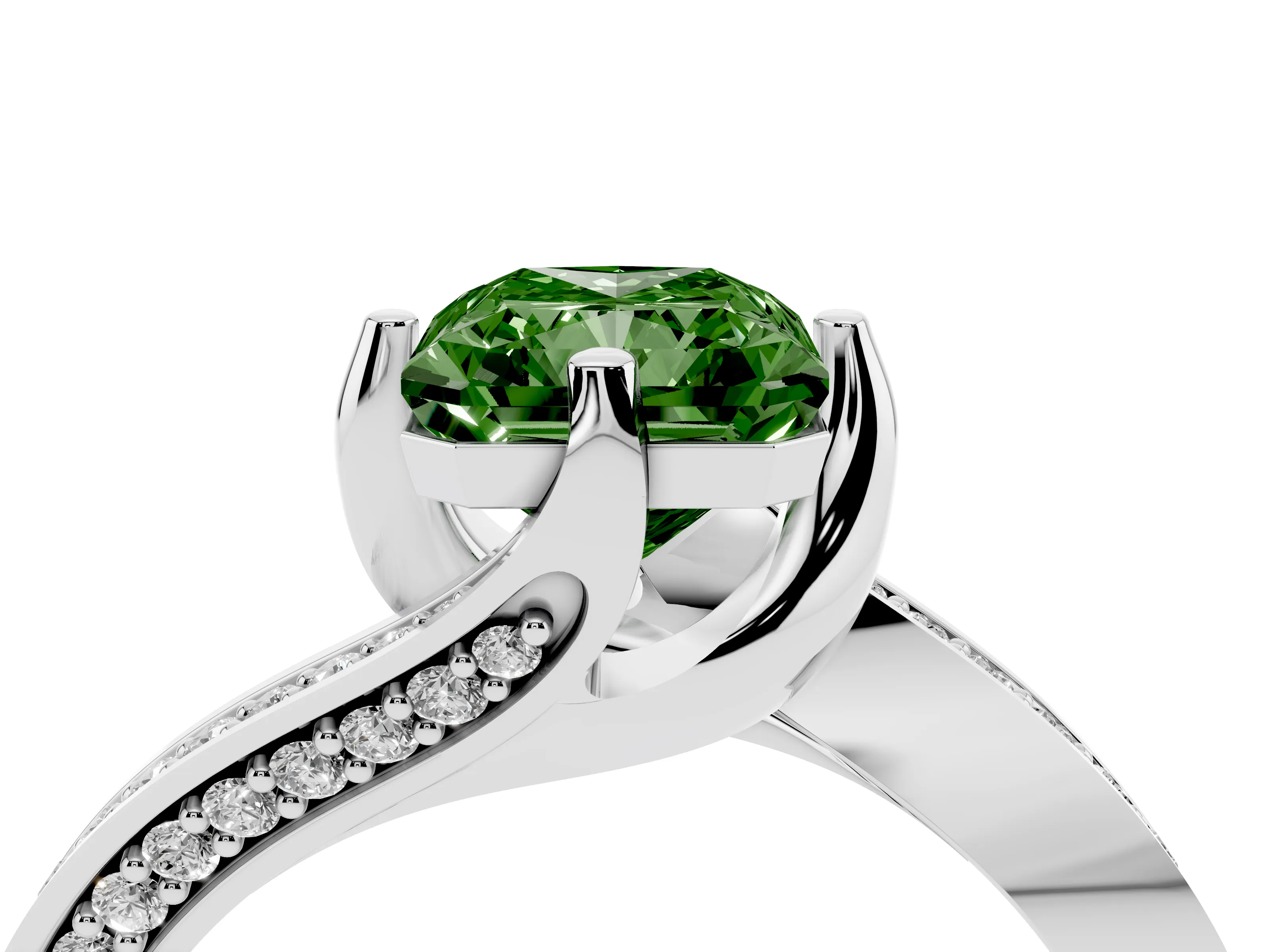 Fancy Green Radiant Cut Diamond Solitaire Ring Set in Platinum with Intertwined Pavé Twist Band