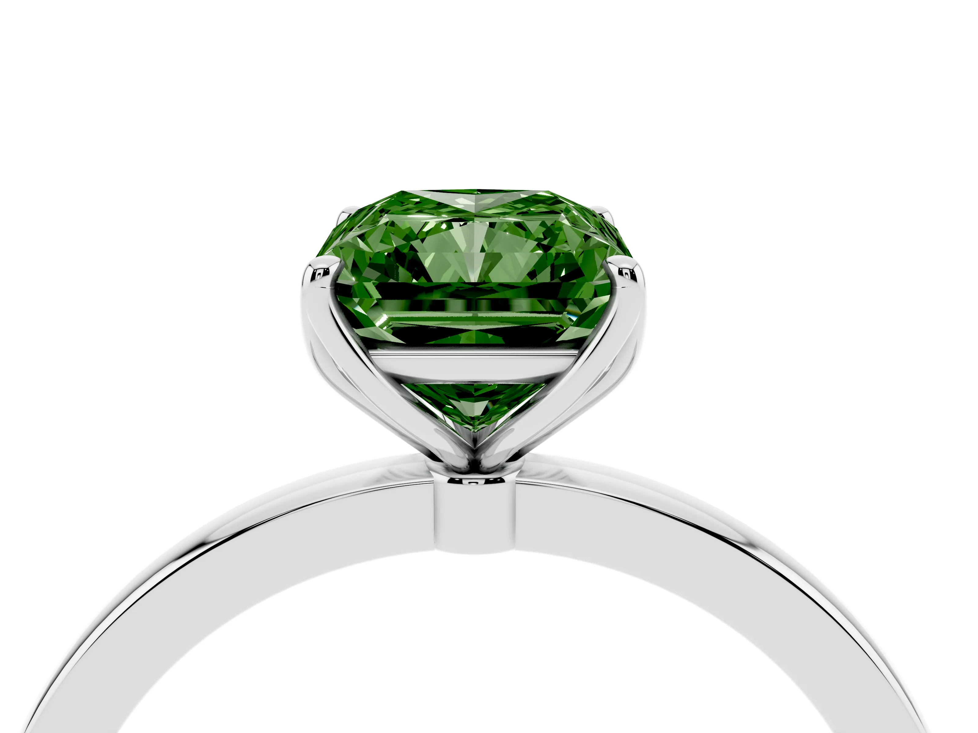 Fancy Green Radiant Cut Diamond Solitaire Ring Set in Platinum with Prong Setting and Thin Polished Band