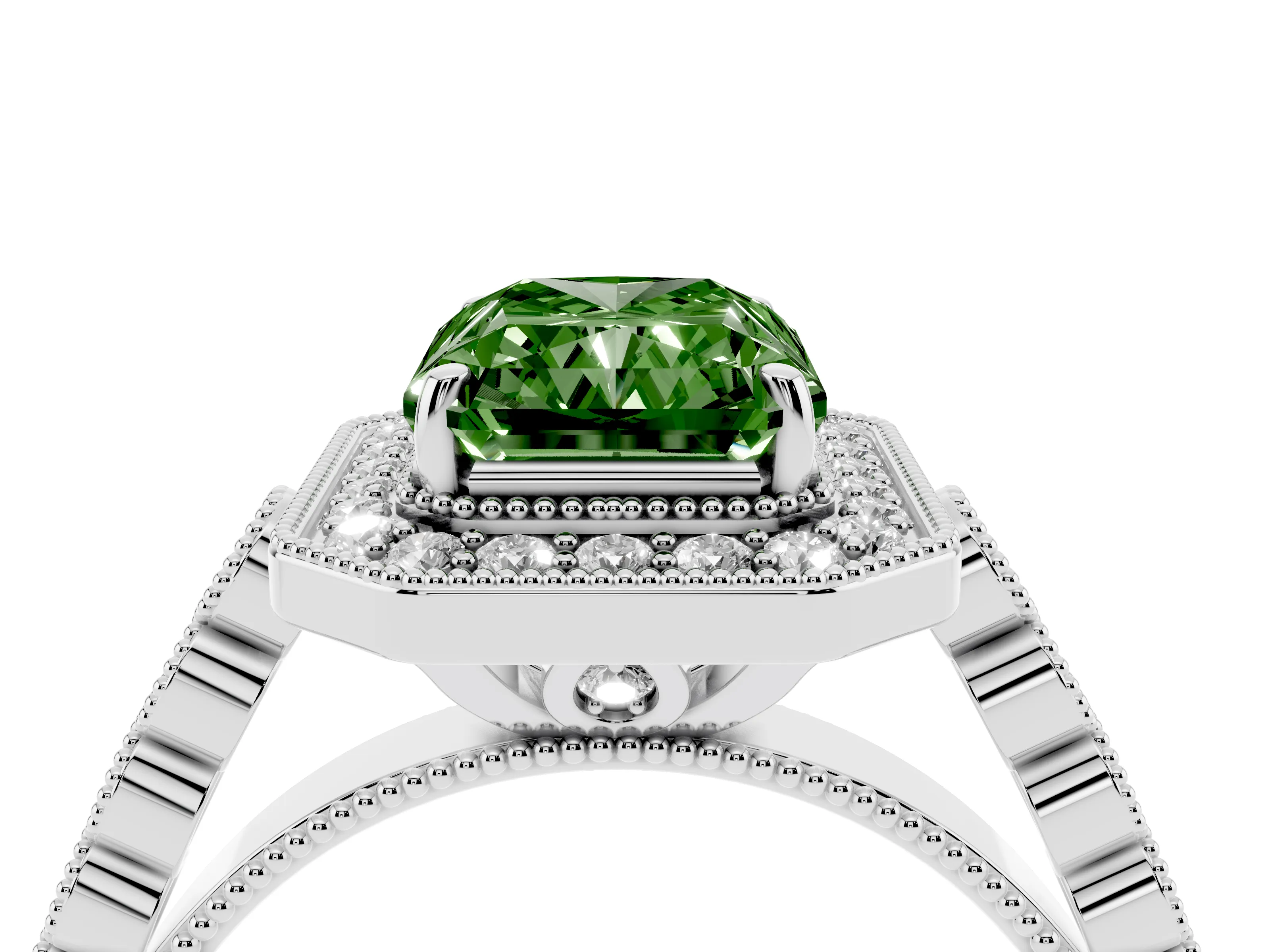 Fancy Green Radiant Cut Diamond Milgrain Halo Solitaire Ring Set in White gold with Bezel Set Side Stones and Pavé Band
