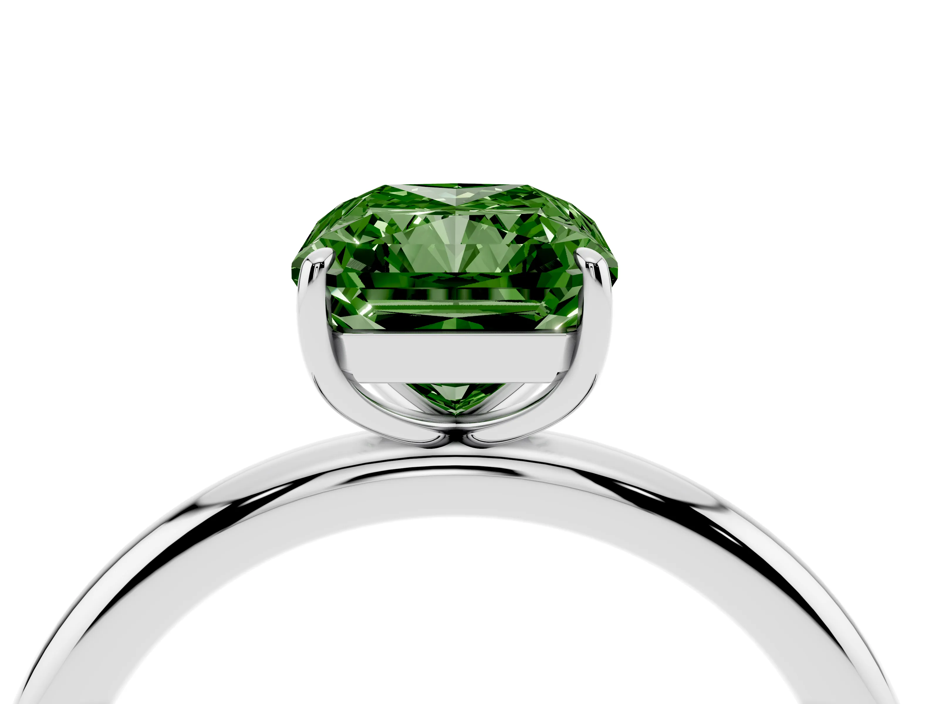 Fancy Green Radiant Cut Diamond Solitaire Ring Set in Silver with Prong Setting on a Polished Plain Band