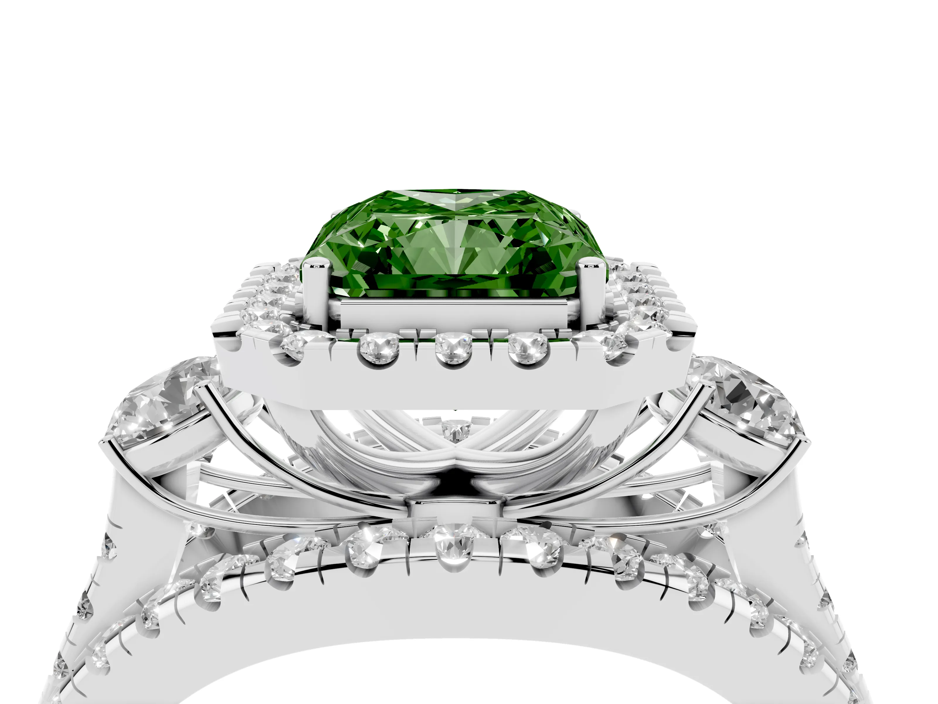 Fancy Green Radiant Cut Diamond Halo Split Shank Ring Set in White gold with Round Accent Stones and Prong Setting