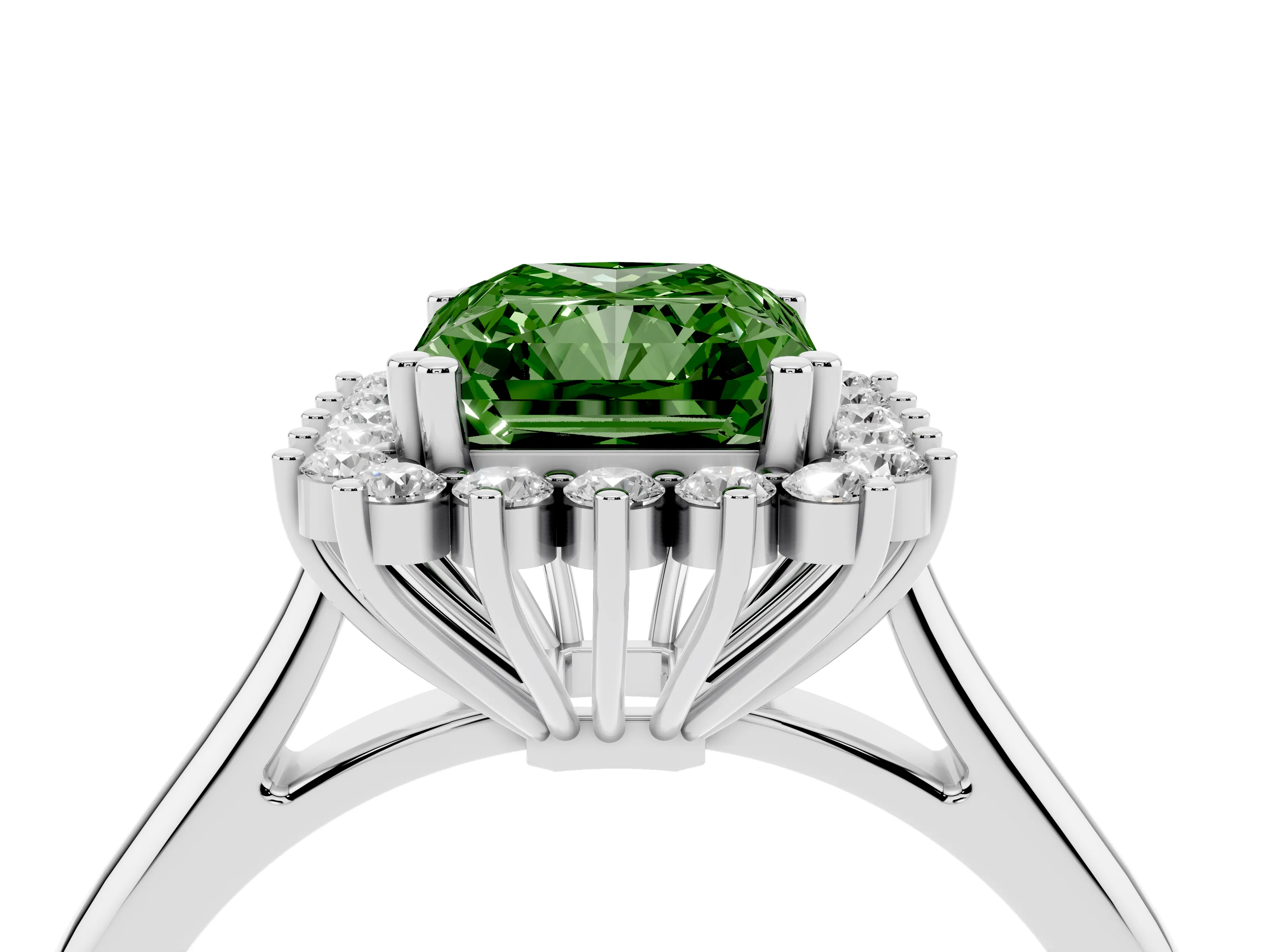 Fancy Green Radiant Cut Diamond Halo Ring Set in Silver with Plain Solitaire Band and Prong Setting