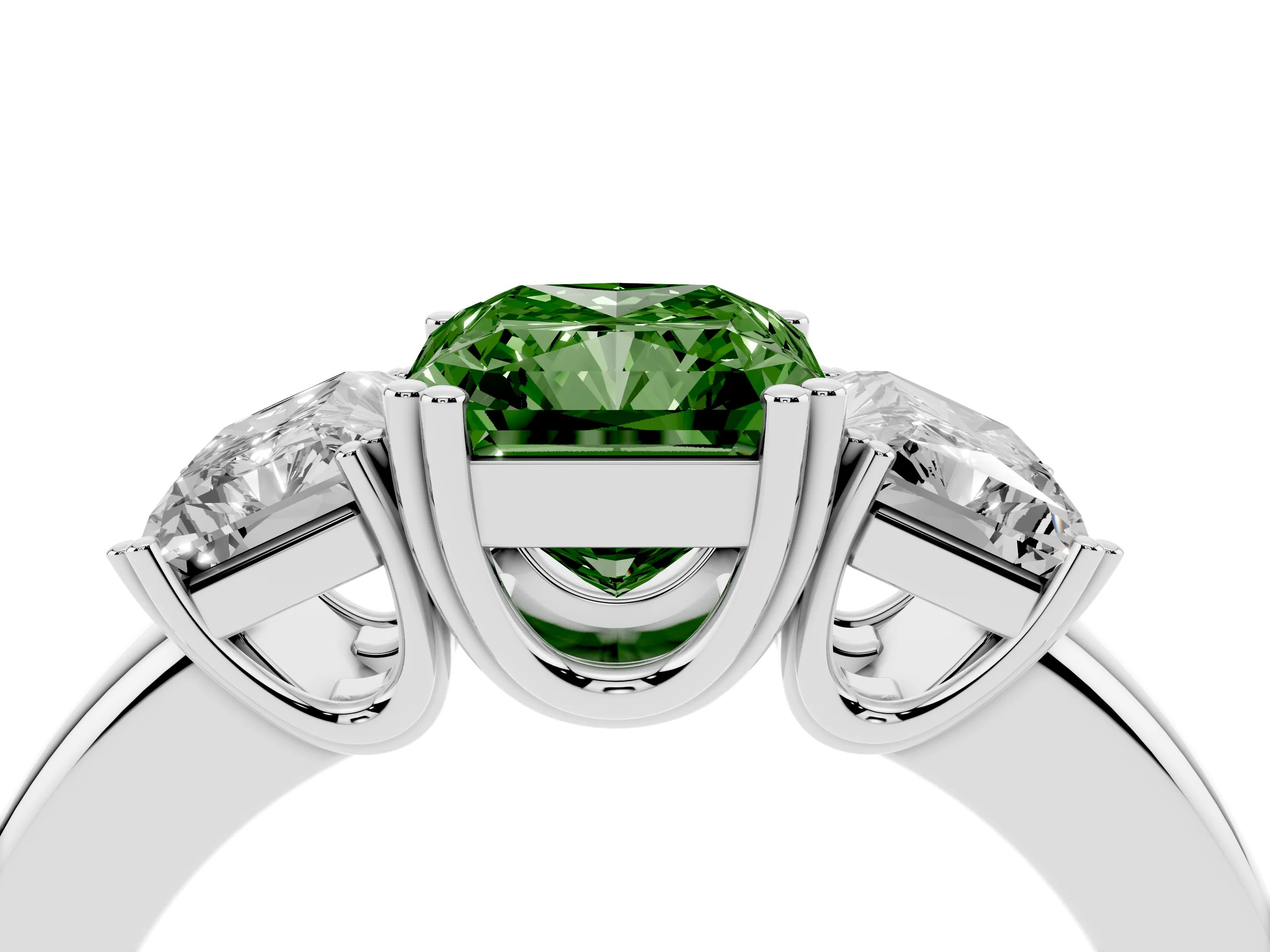 Fancy Green Radiant Cut Diamond Three-Stone Ring Set in Platinum with Polished Channel-Set Band