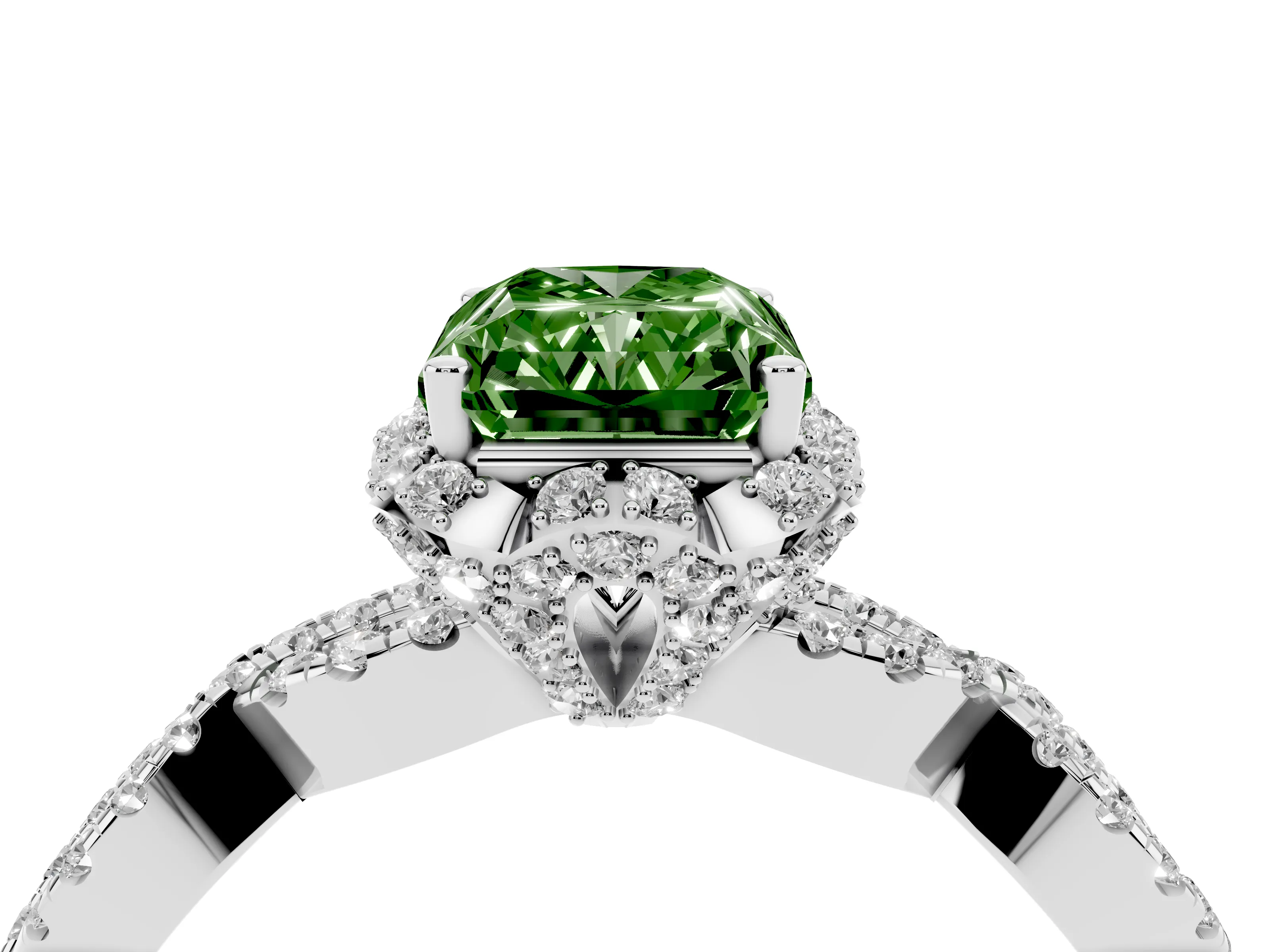 Fancy Green Radiant Cut Diamond Halo Twist Band Solitaire Ring Set in White gold with Prong-Set Center Stone