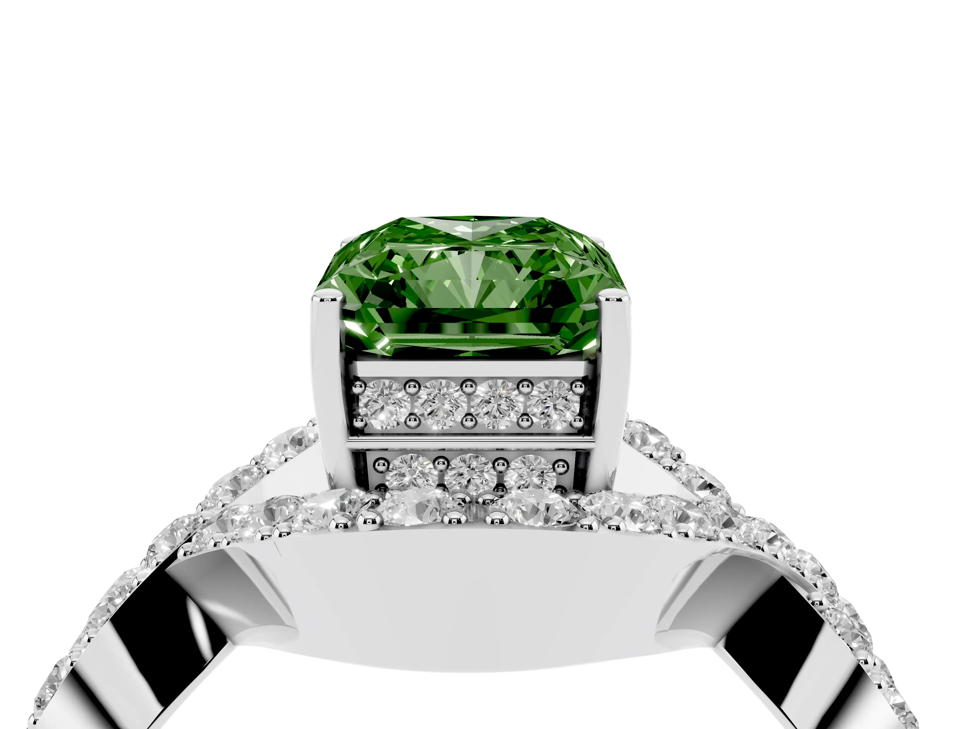 Fancy Green Radiant Cut Diamond Solitaire Twist Band Pavé Engagement Ring Set in White gold