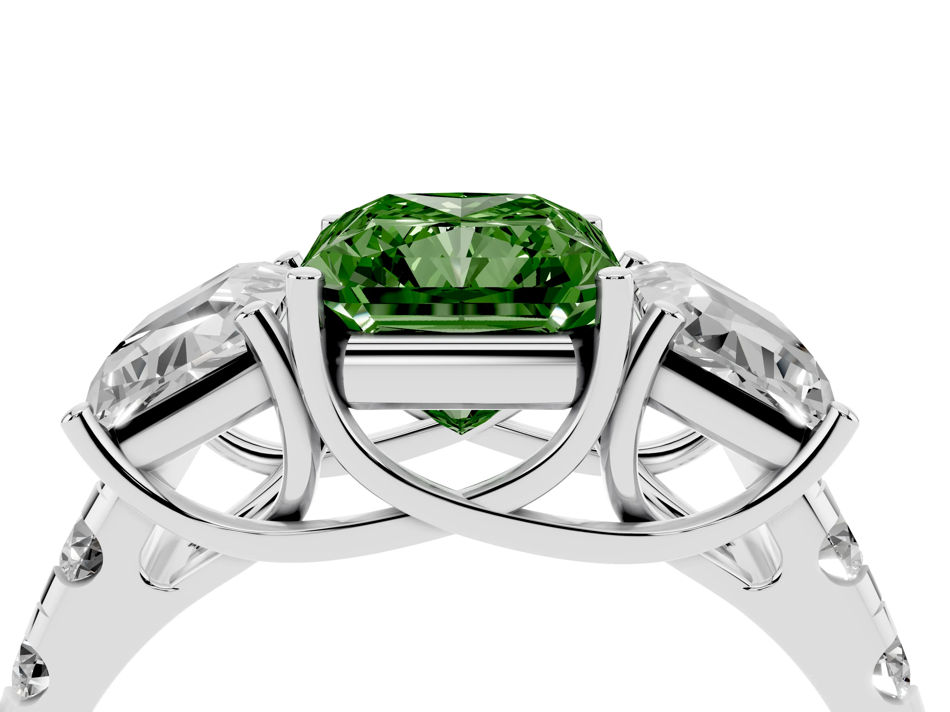 Fancy Green Radiant Cut Diamond Three-Stone Ring Set in Platinum with Pavé Band