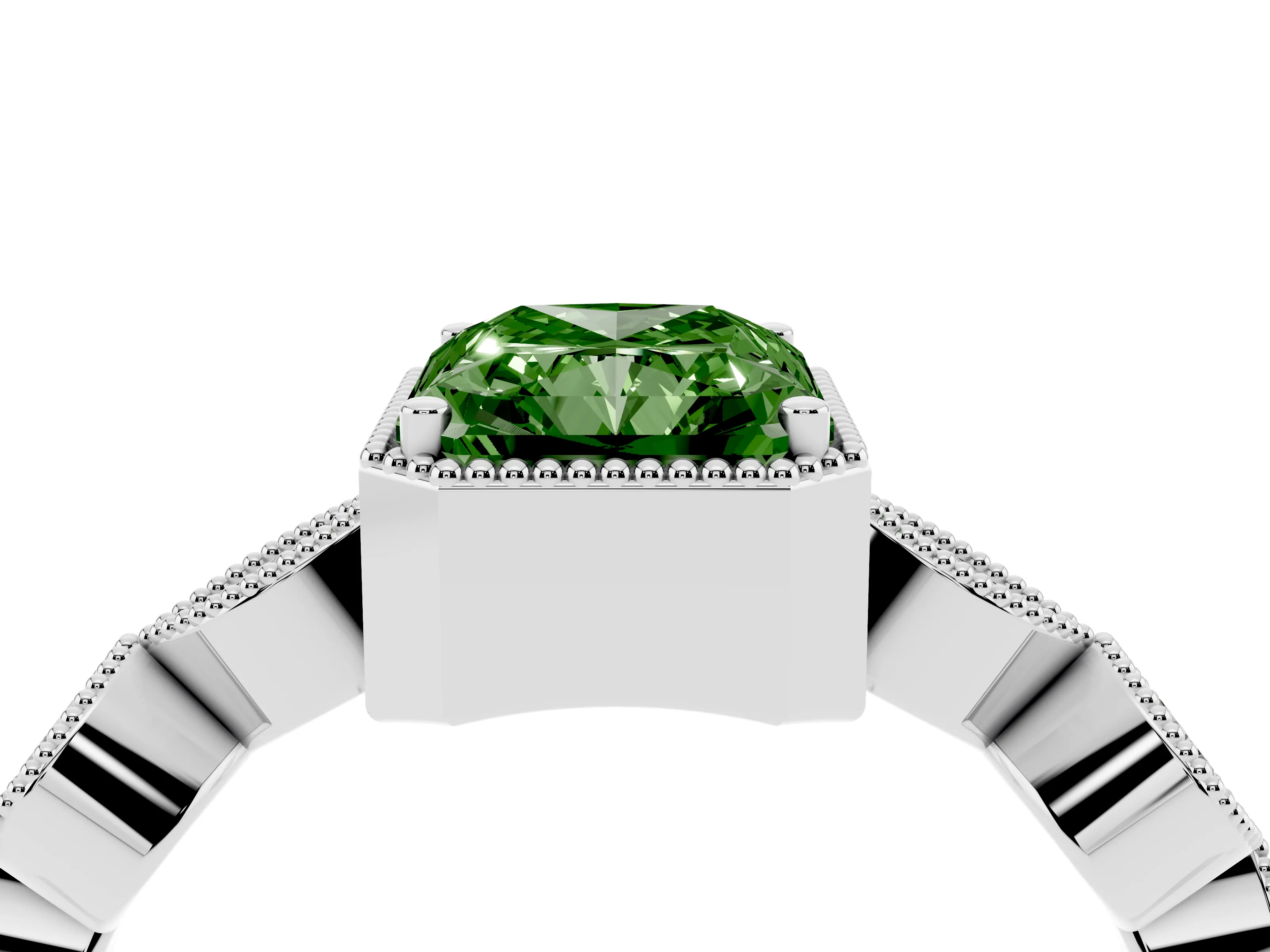 Fancy Green Radiant Cut Diamond Vintage-Inspired Milgrain Ring Set in Platinum with Marquise Stations of Round Accents