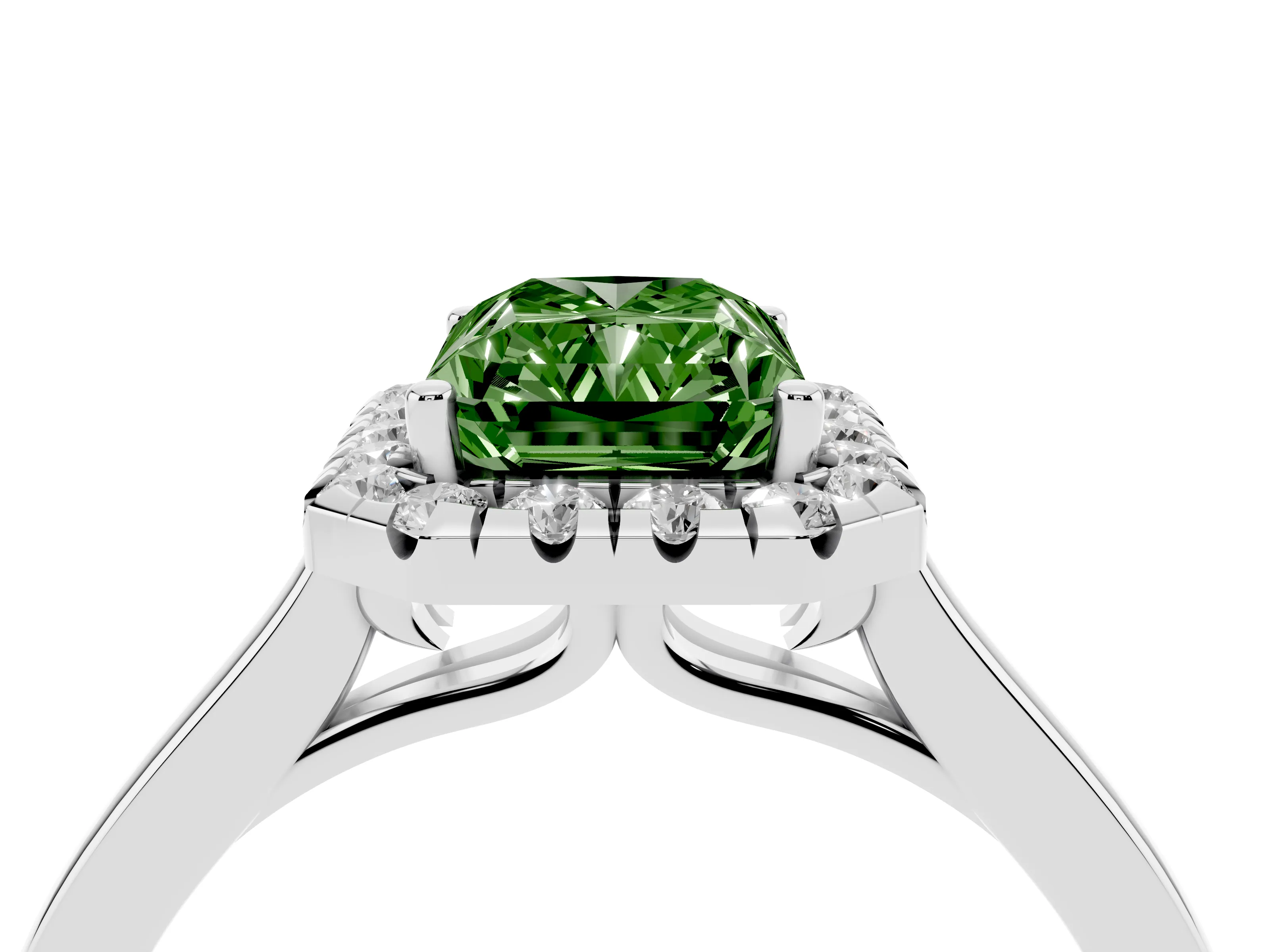 Fancy Green Radiant Cut Halo Round Diamond Solitaire Ring Set in White gold with Pavé Band and Prong Setting