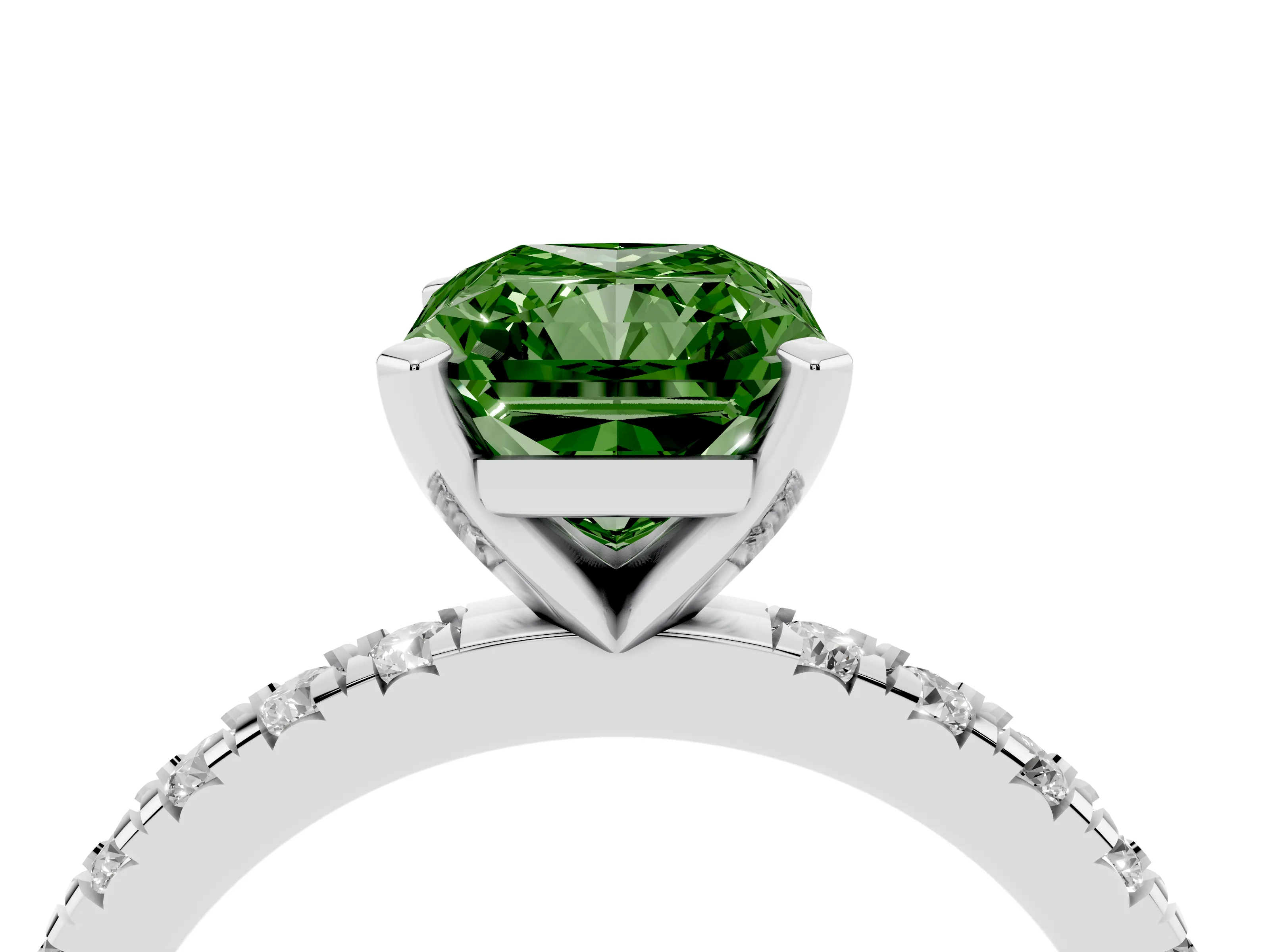 Fancy Green Radiant Cut Diamond Pavé Band Solitaire Set in Silver with Prong Setting