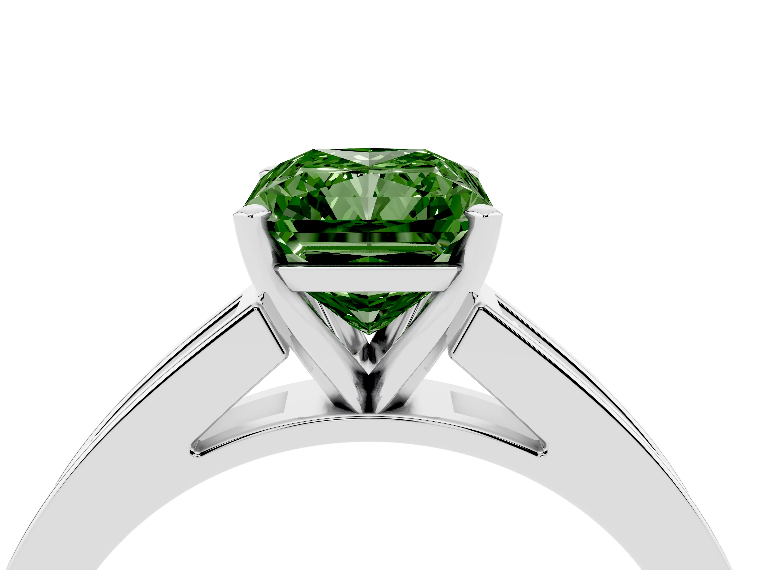 Fancy Green Radiant Cut Diamond Solitaire Ring Set in White gold with Channel-Set Band and Prong Setting