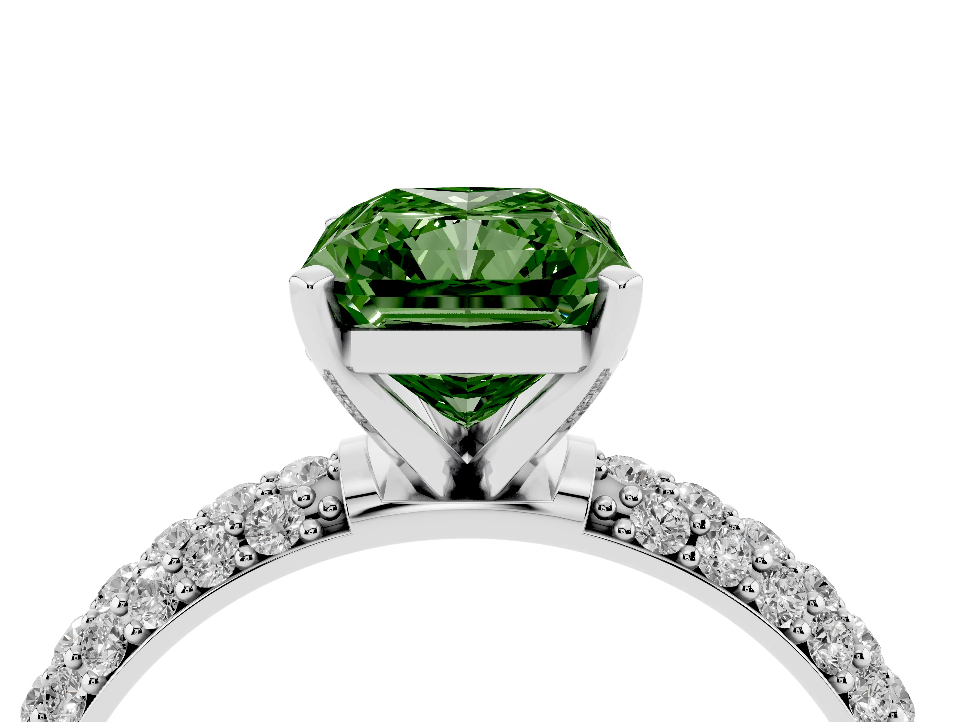 Fancy Green Radiant Cut Diamond Solitaire Ring Set in Platinum with Prong Setting and Pavé-Set Band