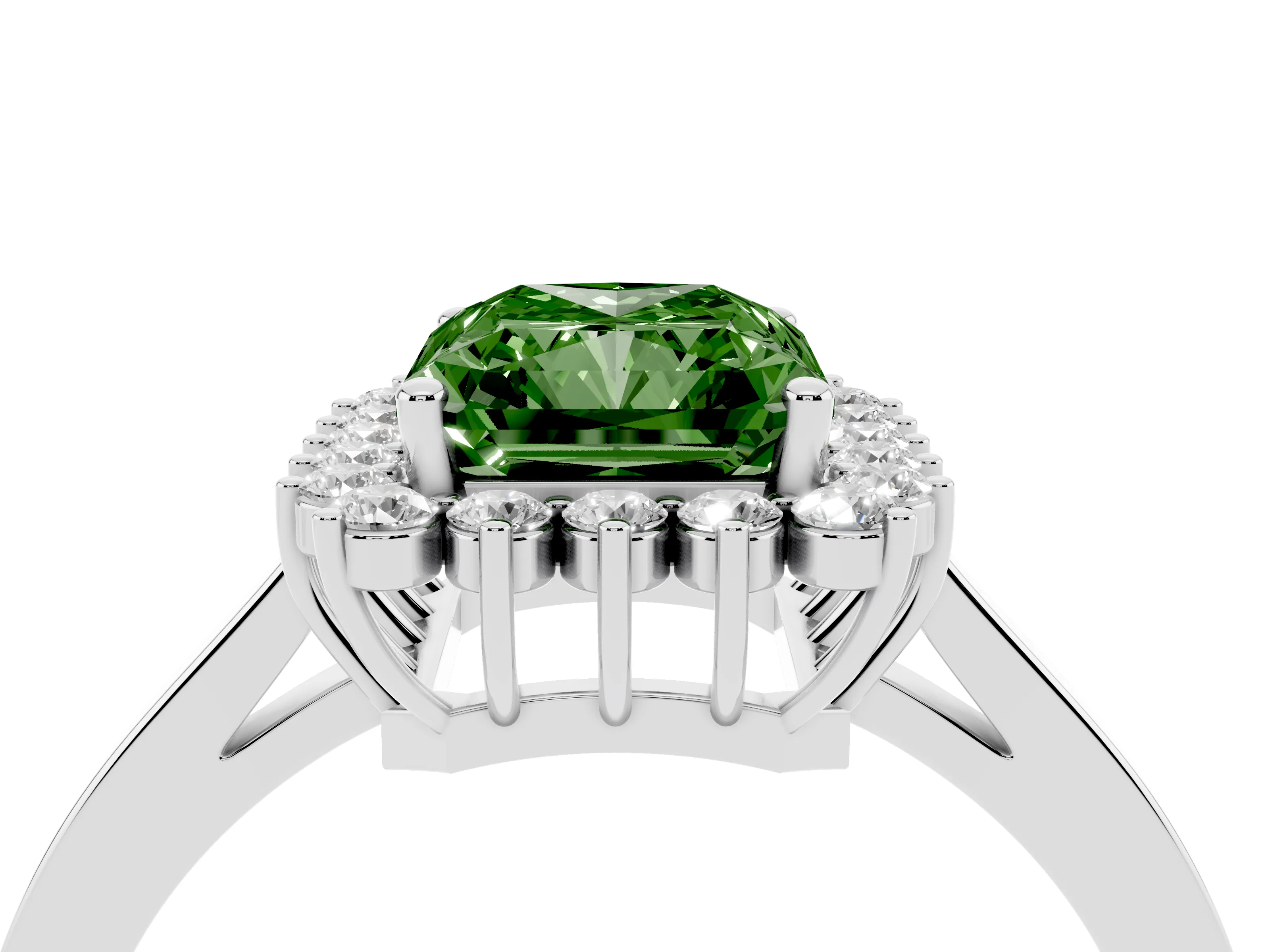 Fancy Green Radiant Cut Diamond Halo Ring Set in White gold with Round Halo and Smooth Solitaire Band