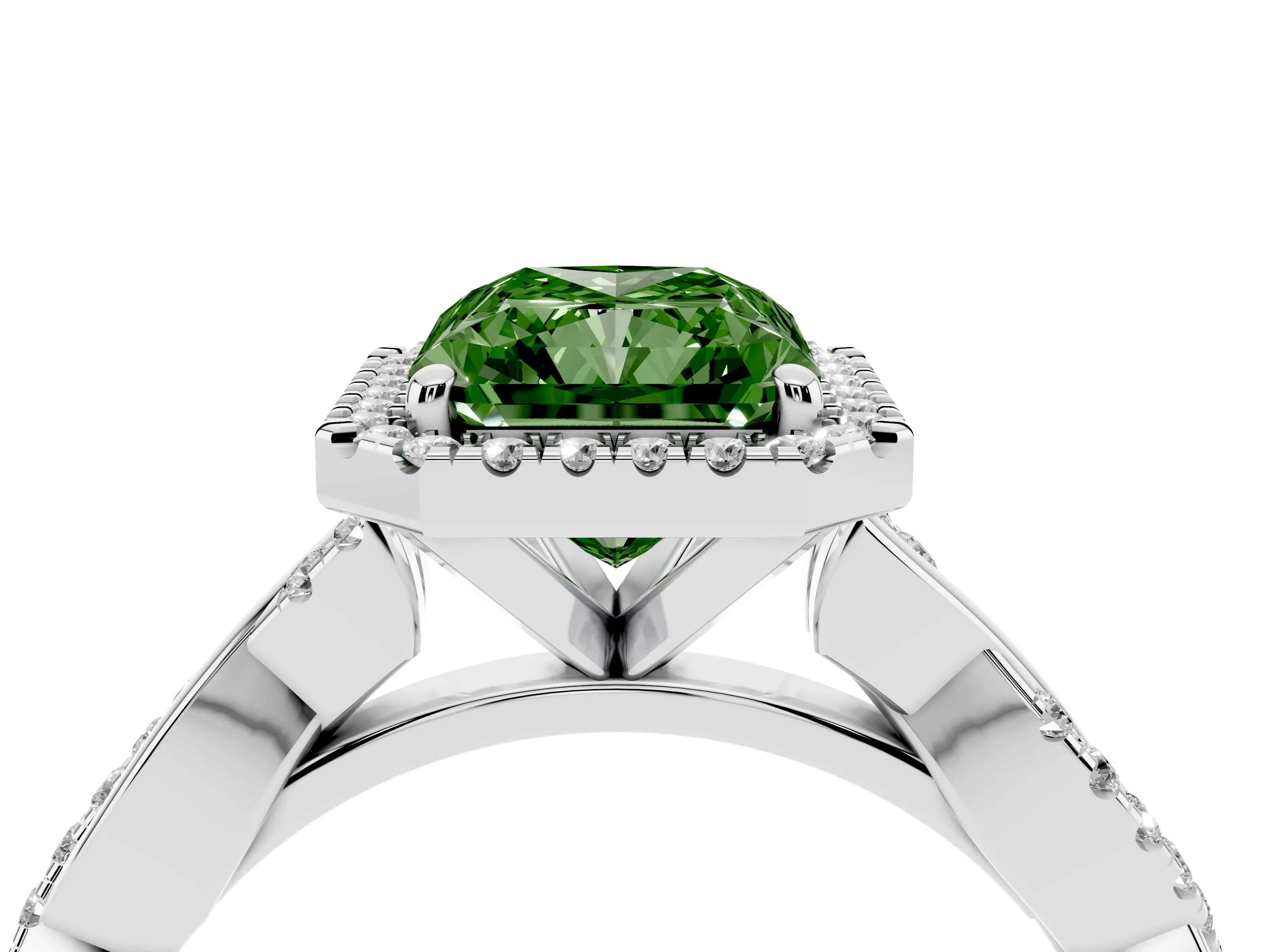 Fancy Green Radiant Cut Diamond Halo Twisted Band Ring Set in White gold with Prong Setting