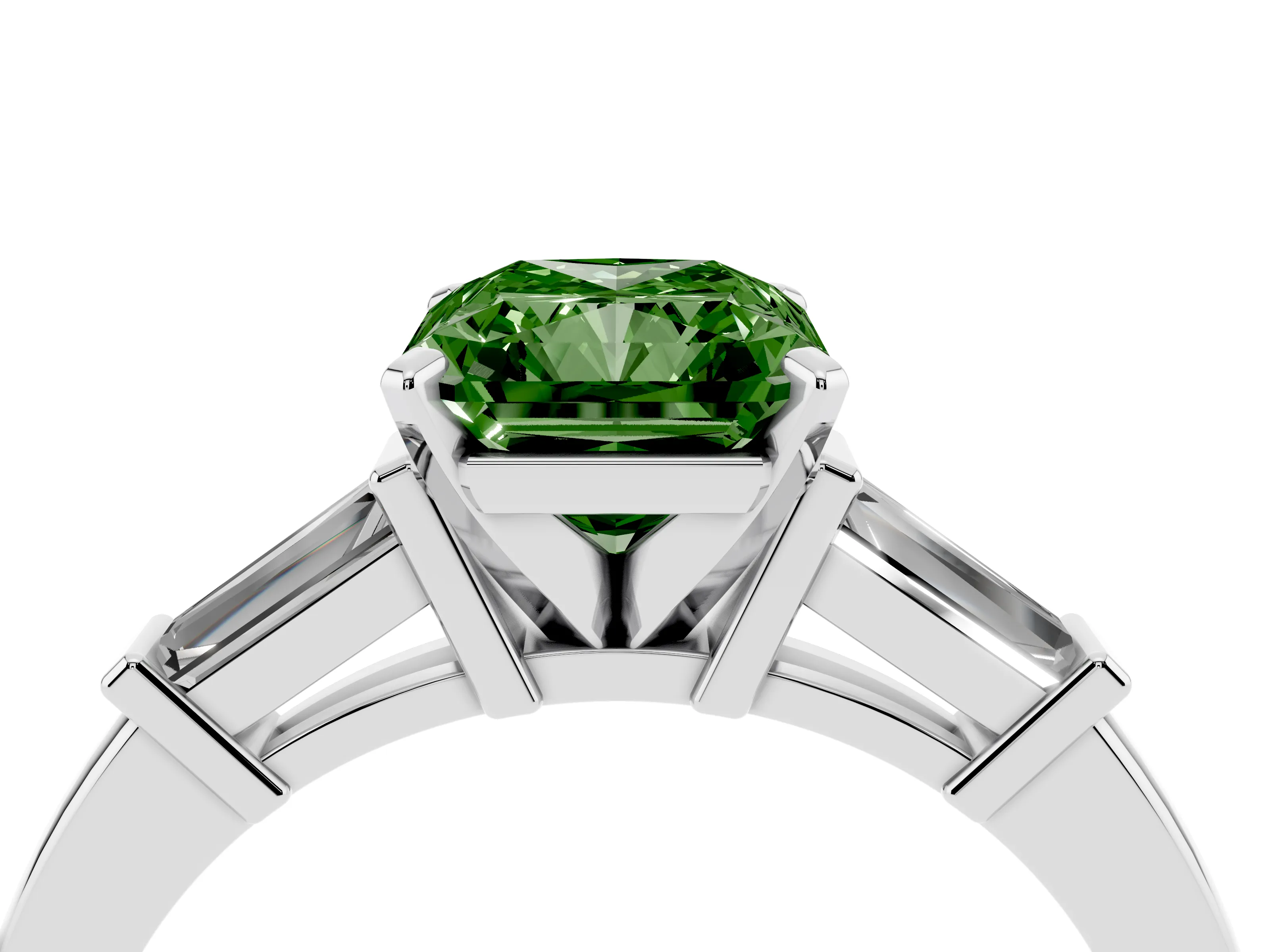 Fancy Green Radiant Cut Diamond Solitaire Ring Set in White gold with Tapered Baguette Accents and Prong Setting