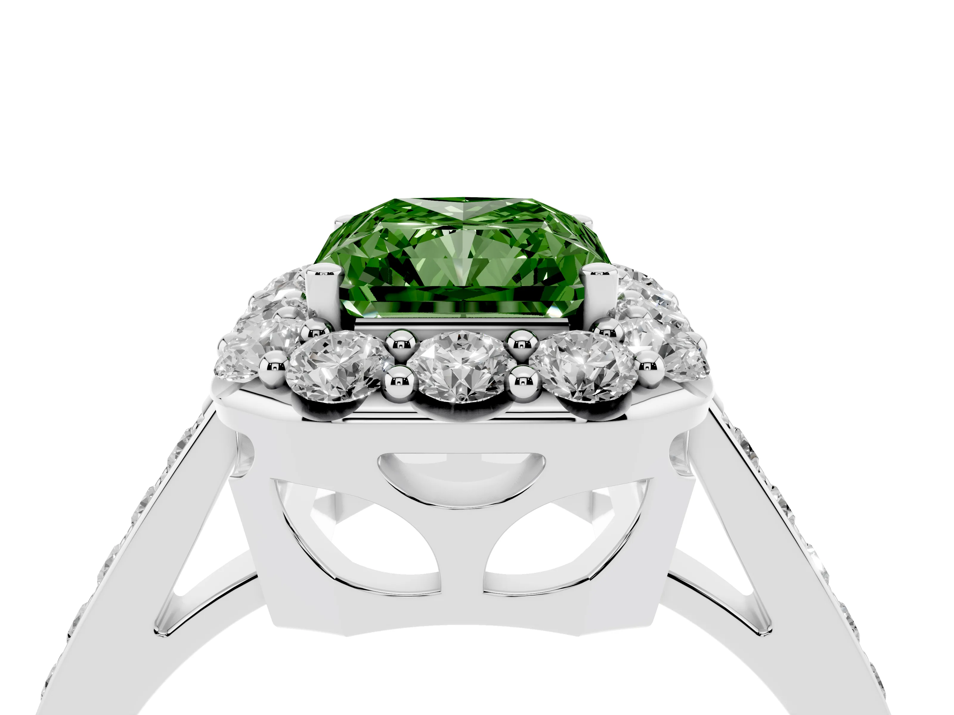 Fancy Green Radiant Cut Diamond Floral Halo Ring Set in Platinum with Pavé Band and Prong Setting