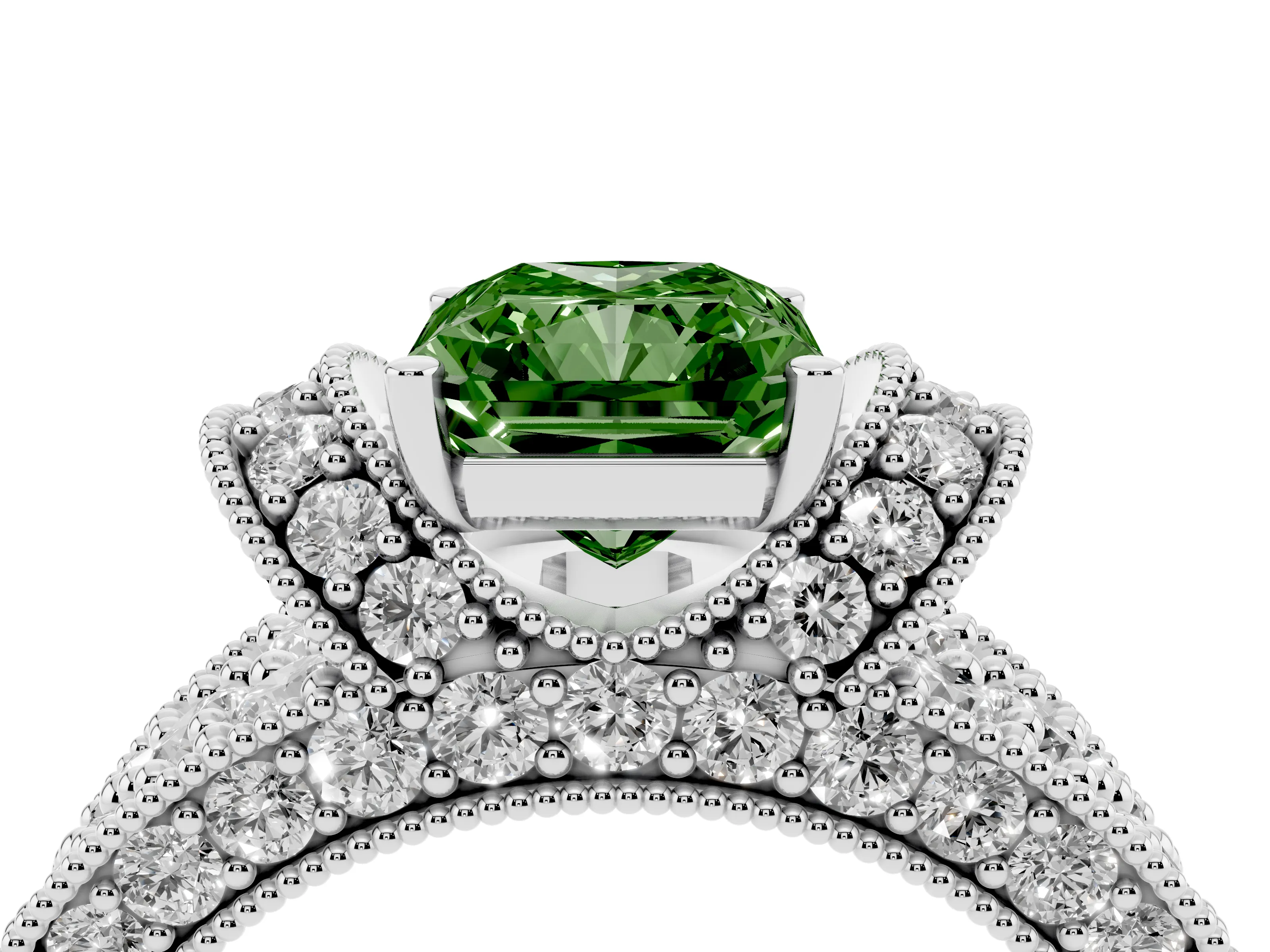 Fancy Green Radiant Cut Diamond Milgrain Halo Pavé Engagement Ring Set in White gold with Prong Setting
