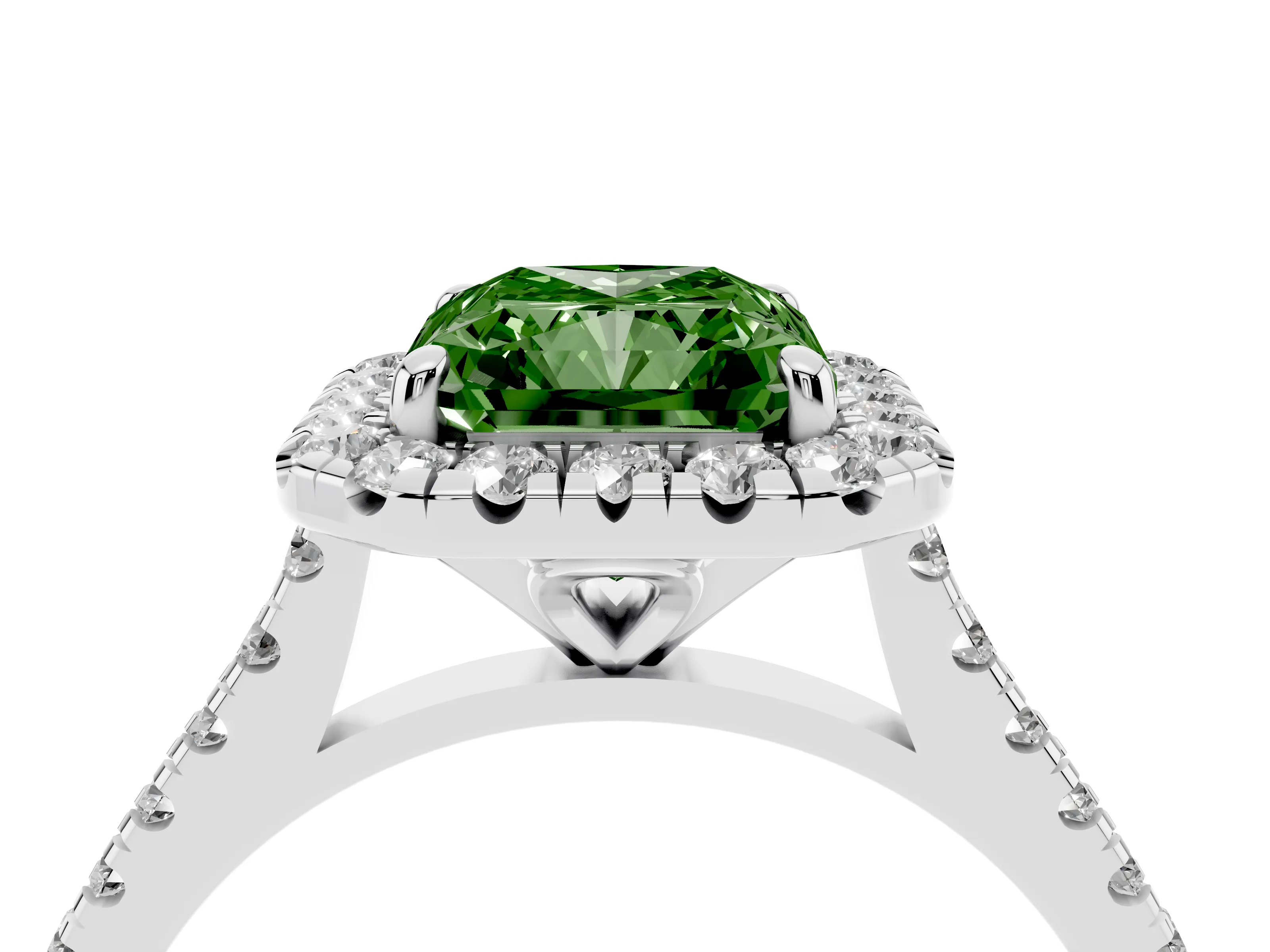 Fancy Green Radiant Cut Diamond Cushion Halo Ring Set in White gold with Pavé Band