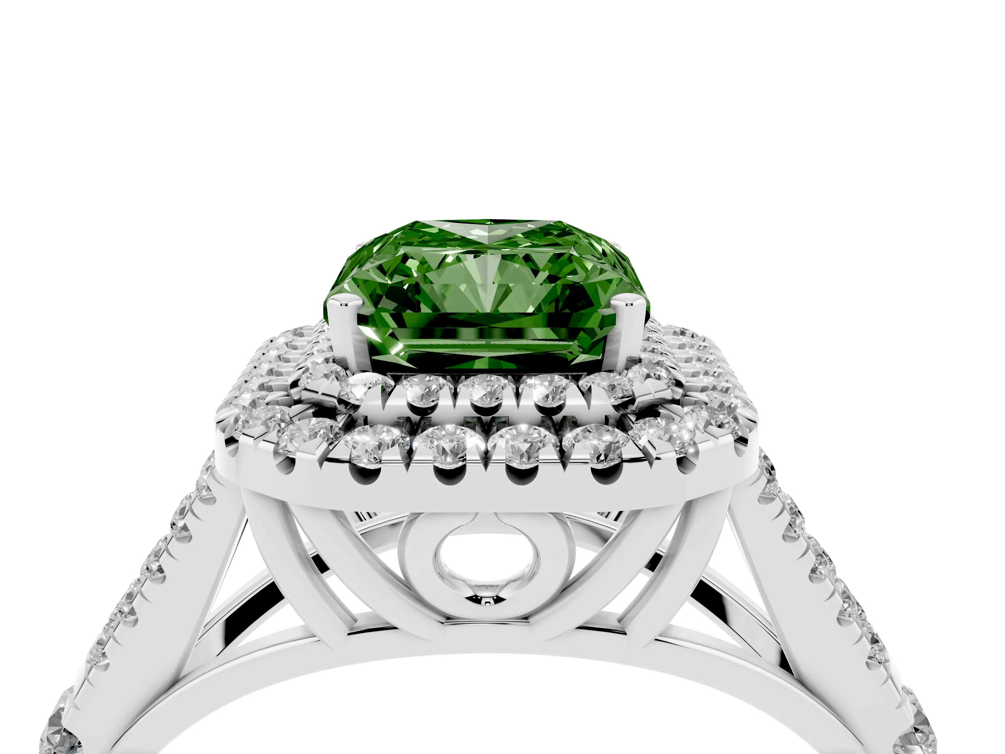 Fancy Green Radiant Cut Diamond Pavé Split Shank Double Halo Engagement Ring Set in Platinum