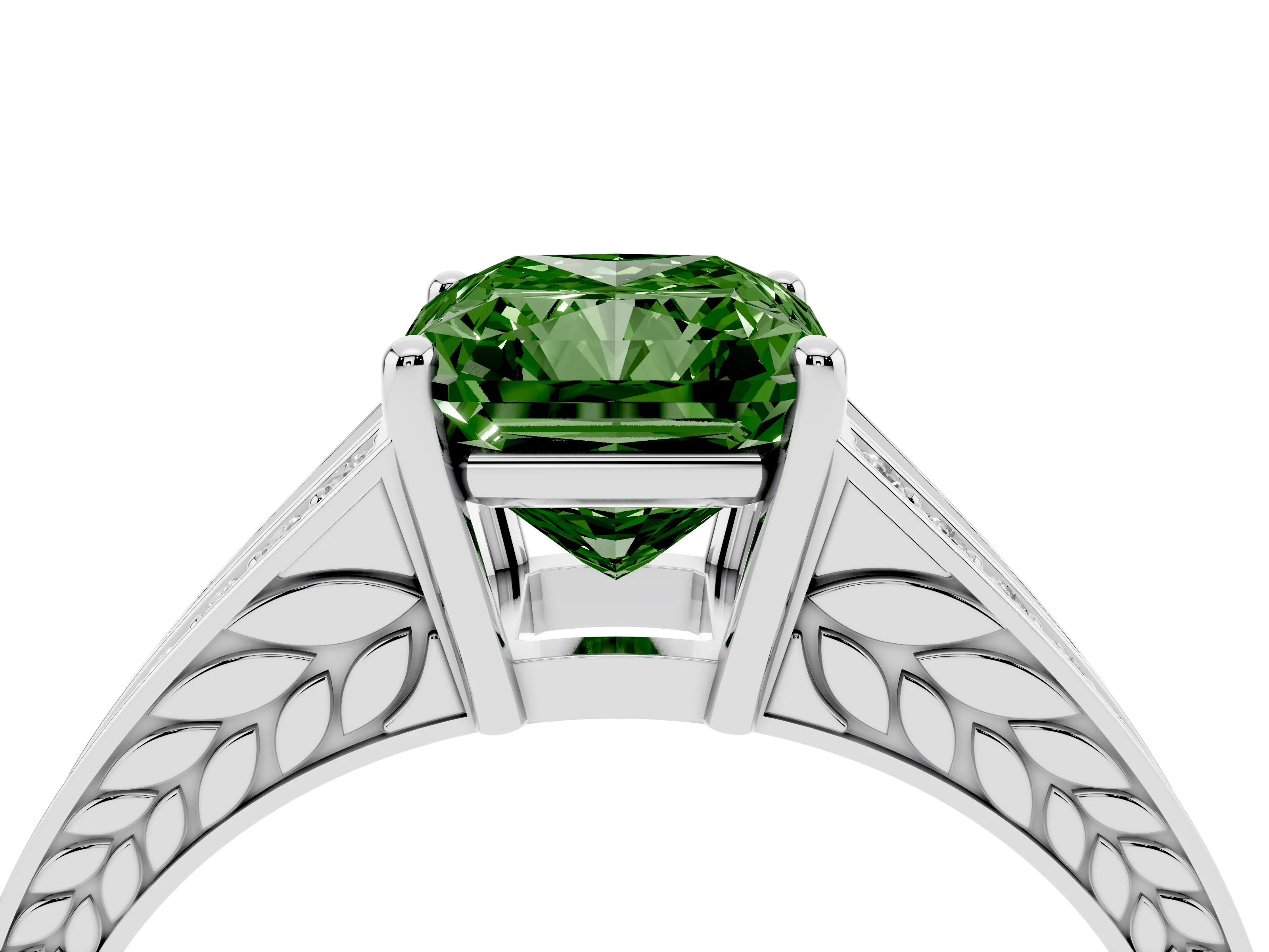 Fancy Green Radiant Cut Diamond Split Shank Ring Set in Platinum with Pavé Band and Prong Setting