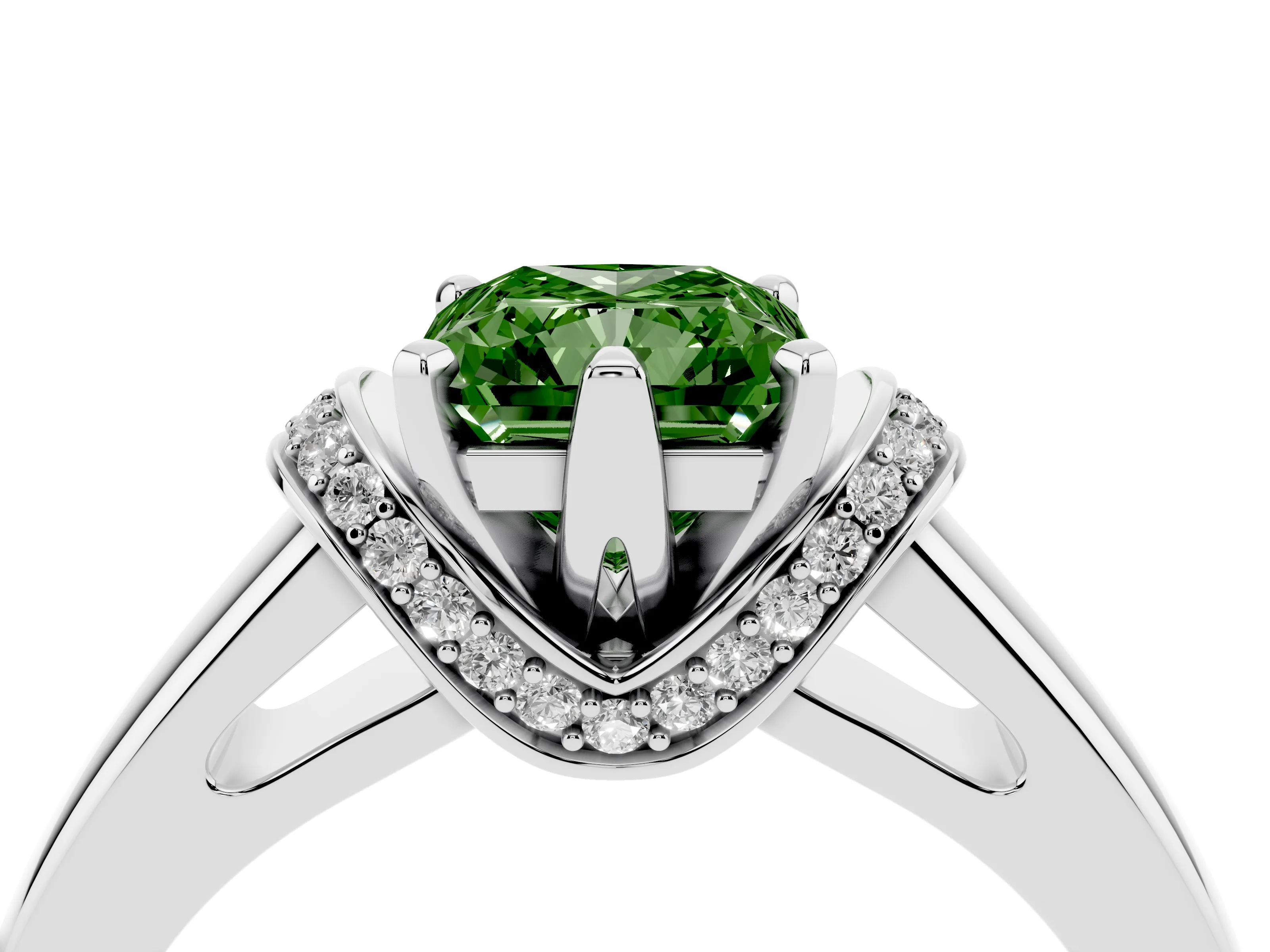 Fancy Green Radiant Cut Diamond Pavé Band Solitaire Ring Set in Platinum with Prong Setting