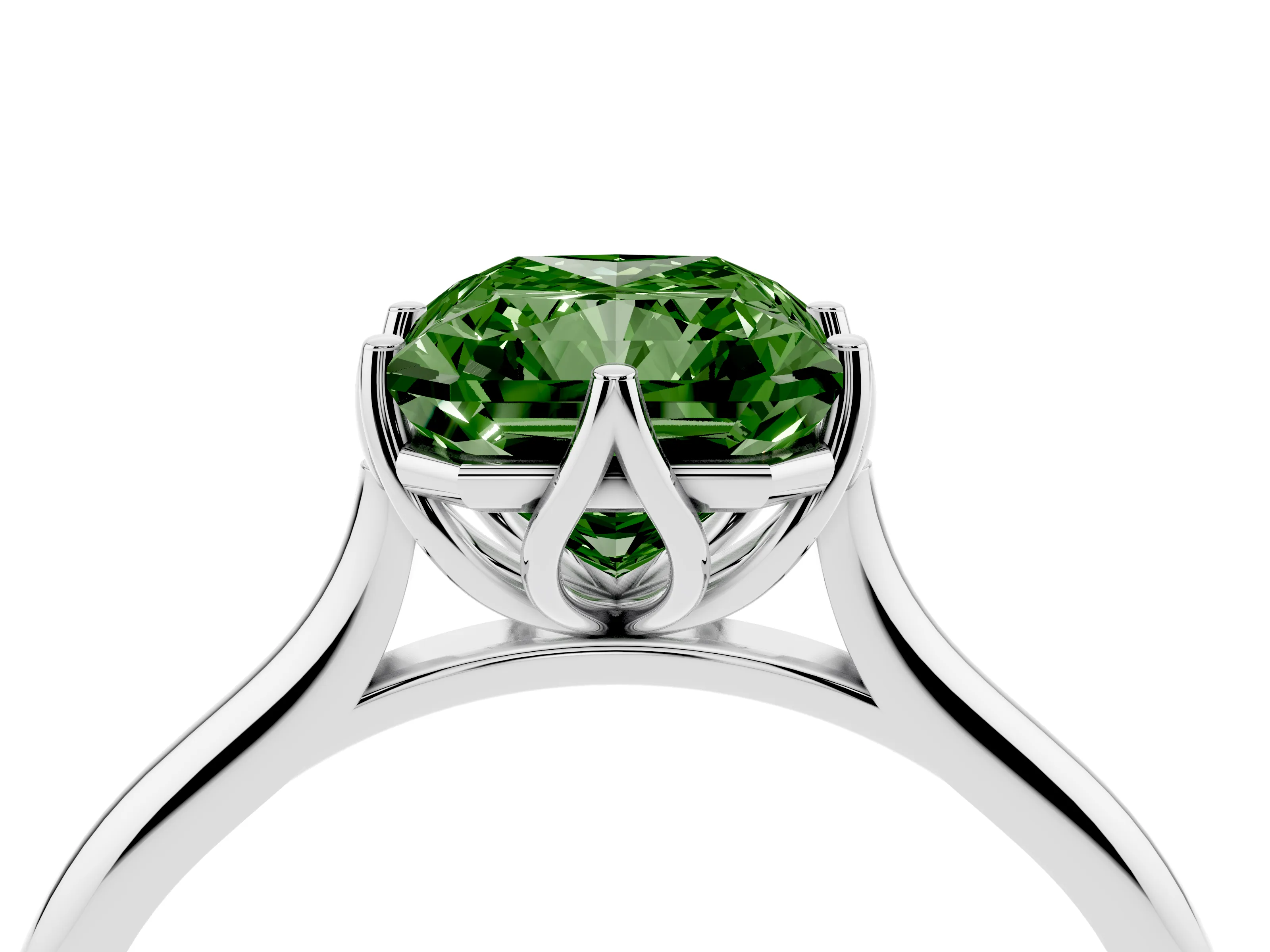 Fancy Green Radiant Cut Diamond Solitaire Cathedral Ring Set in Platinum with Prong Setting