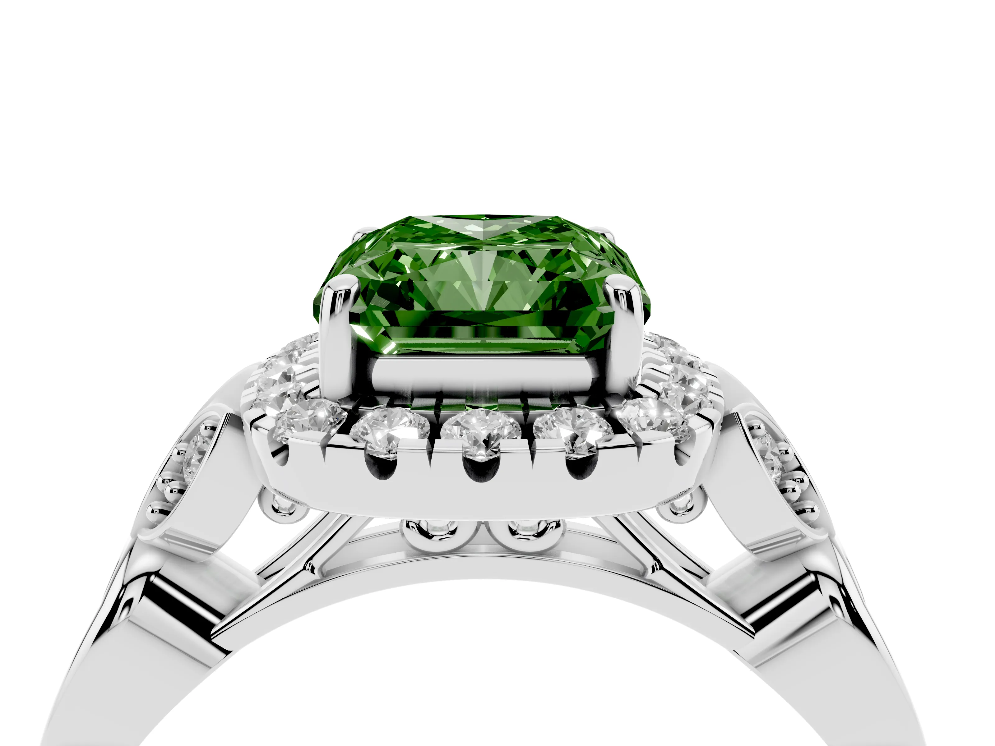 Fancy Green Radiant Cut Diamond Halo Engagement Ring Set in White gold with Vintage-Inspired Band and Prong Setting