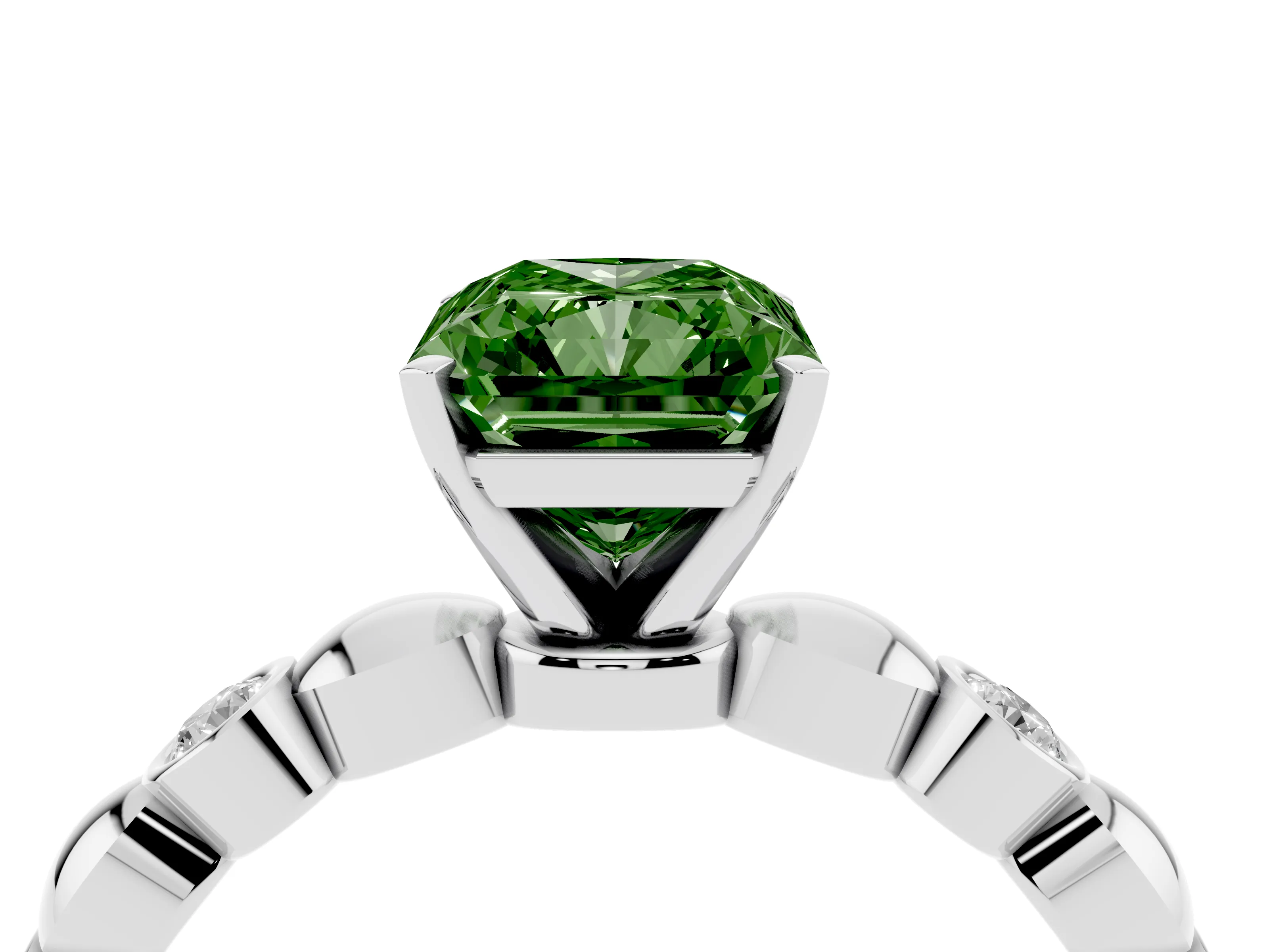Fancy Green Radiant Cut Diamond Solitaire Ring Set in White gold with Bezel-Set Accents on Beaded Band and Prong Setting