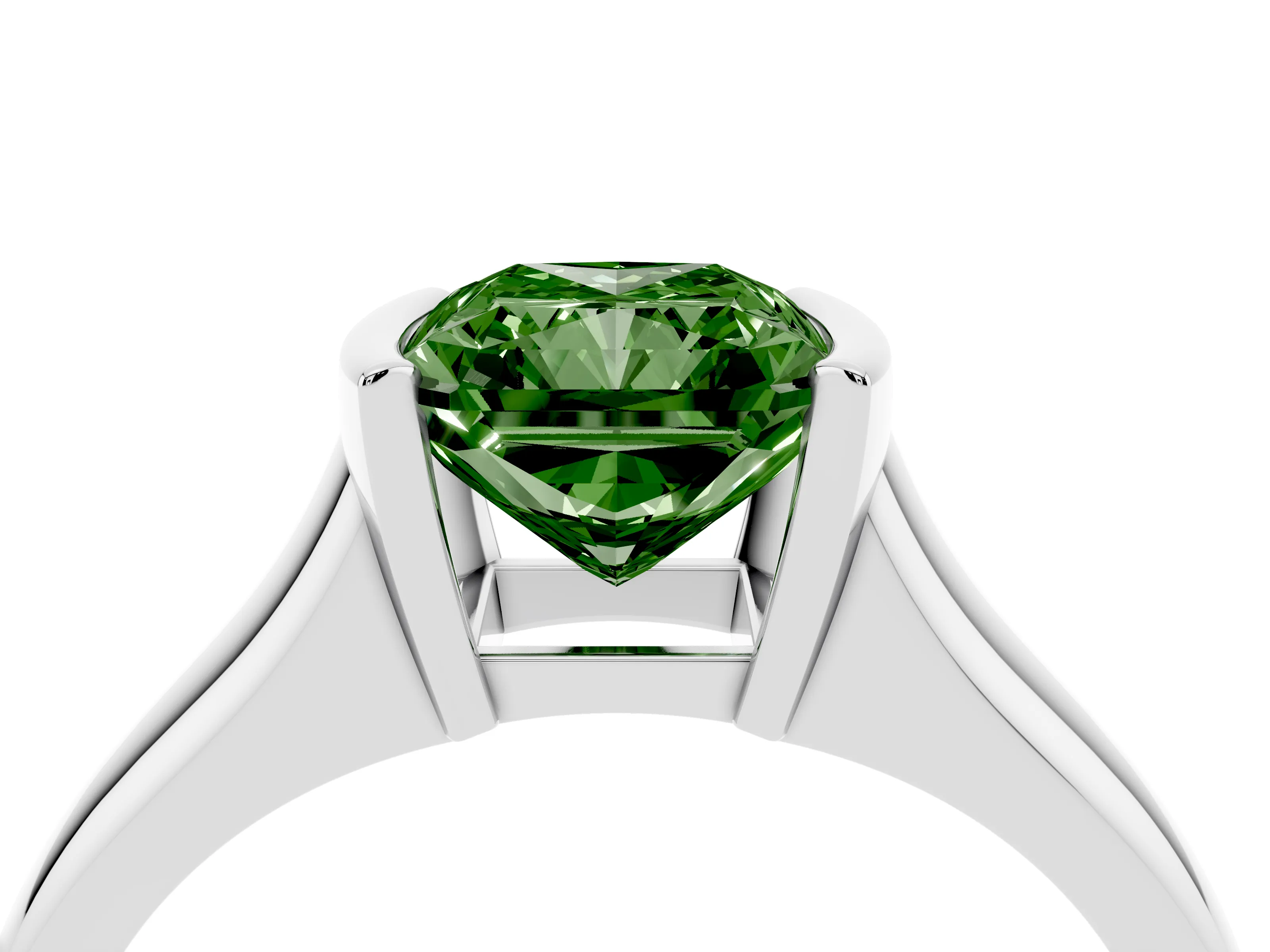Fancy Green Radiant Cut Diamond Solitaire Tension Set Ring Set in Platinum with Split Shank Band