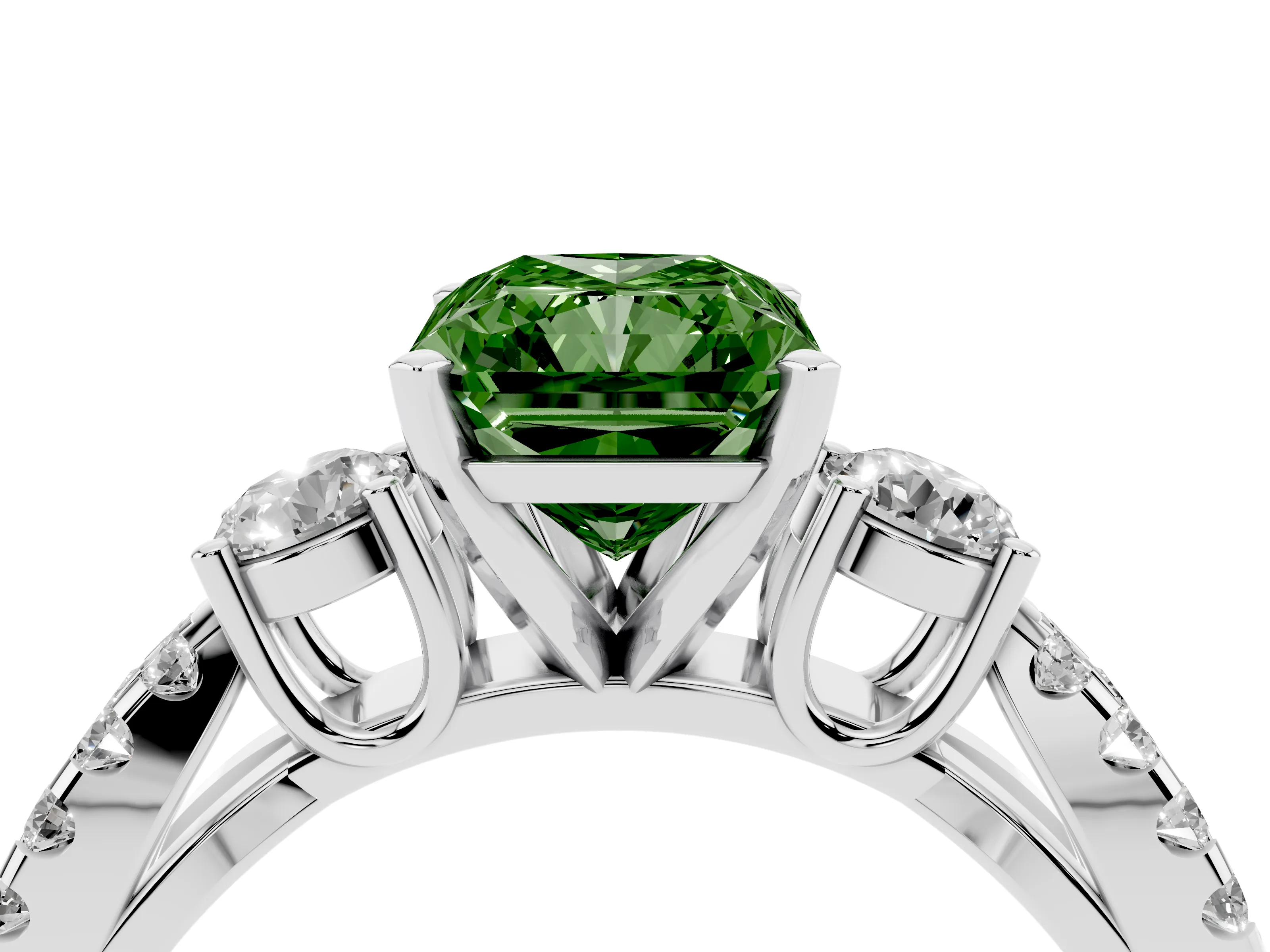 Fancy Green Radiant Cut Diamond Three-Stone Ring Set in Silver with Pavé Split Shank and Prong Setting