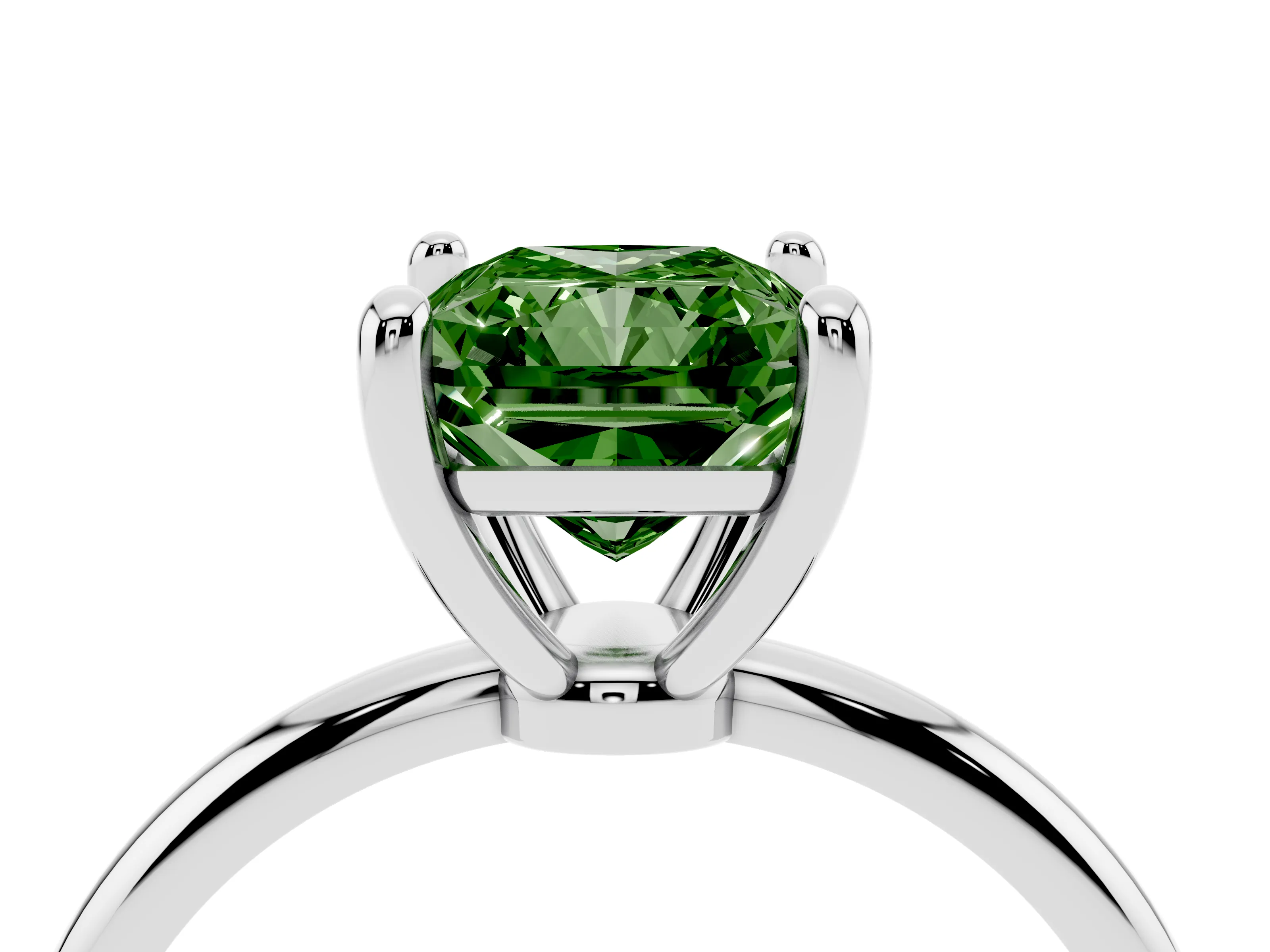 Fancy Green Radiant Cut Diamond Solitaire Ring Set in White gold with Secure Prong Setting on a Classic Band