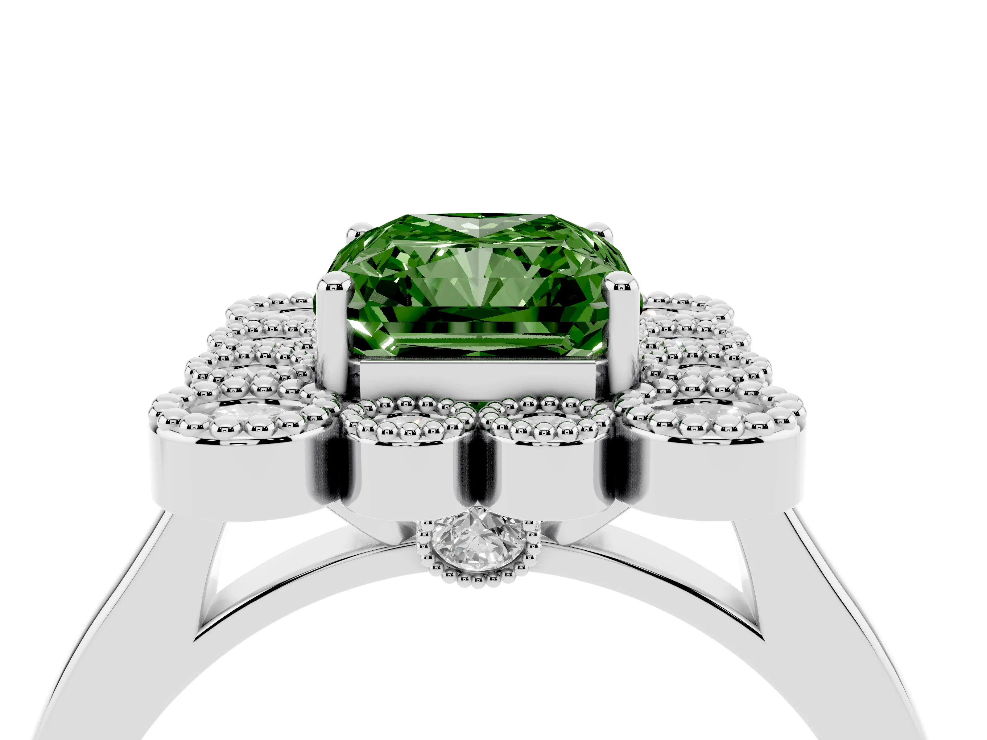 Fancy Green Radiant Cut Diamond Cluster Halo Ring Set in White gold with Milgrain Bezel Accents and Plain Band