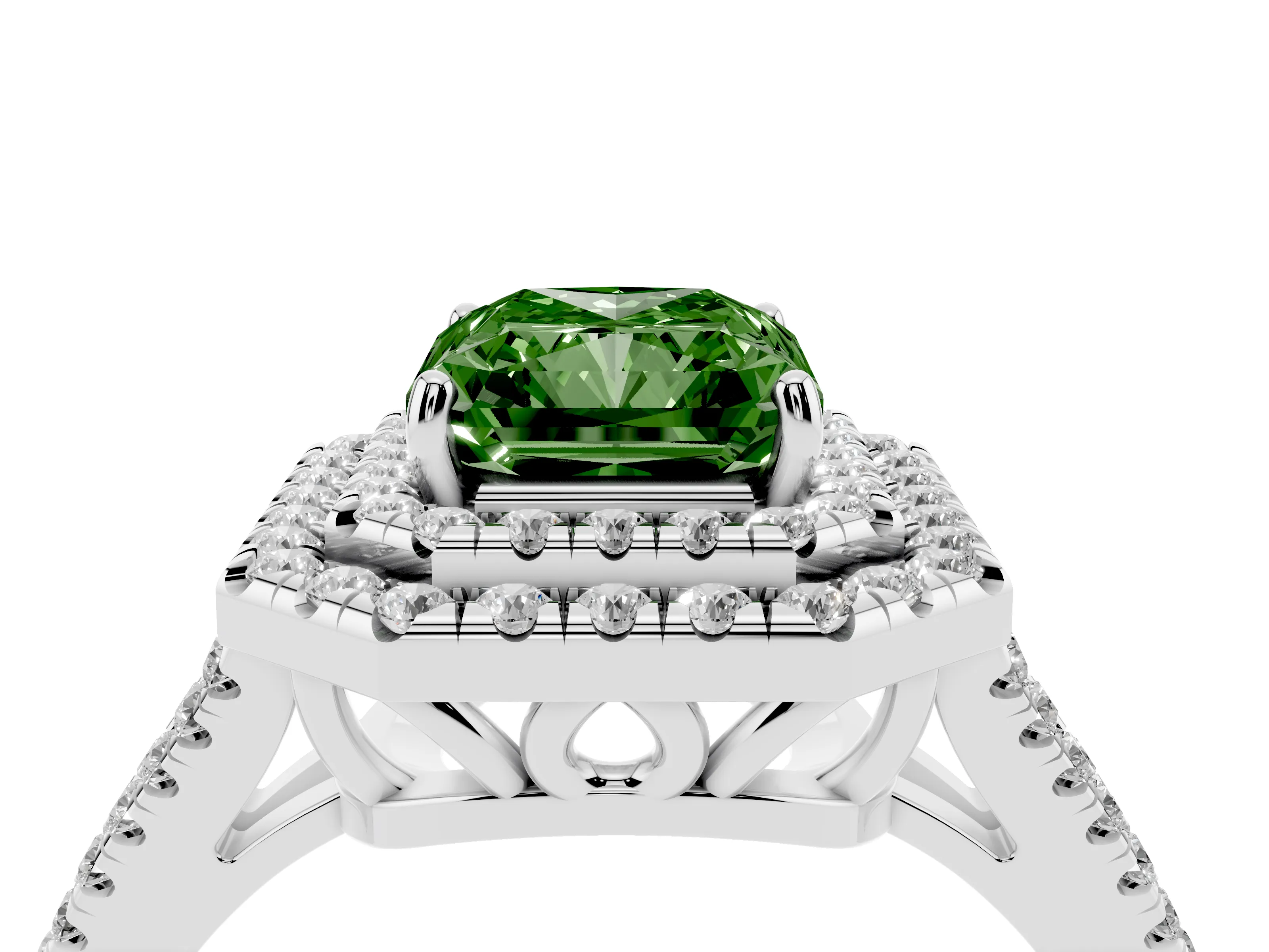 Fancy Green Radiant Cut Diamond Double Halo Ring Set in White gold with Pavé Band