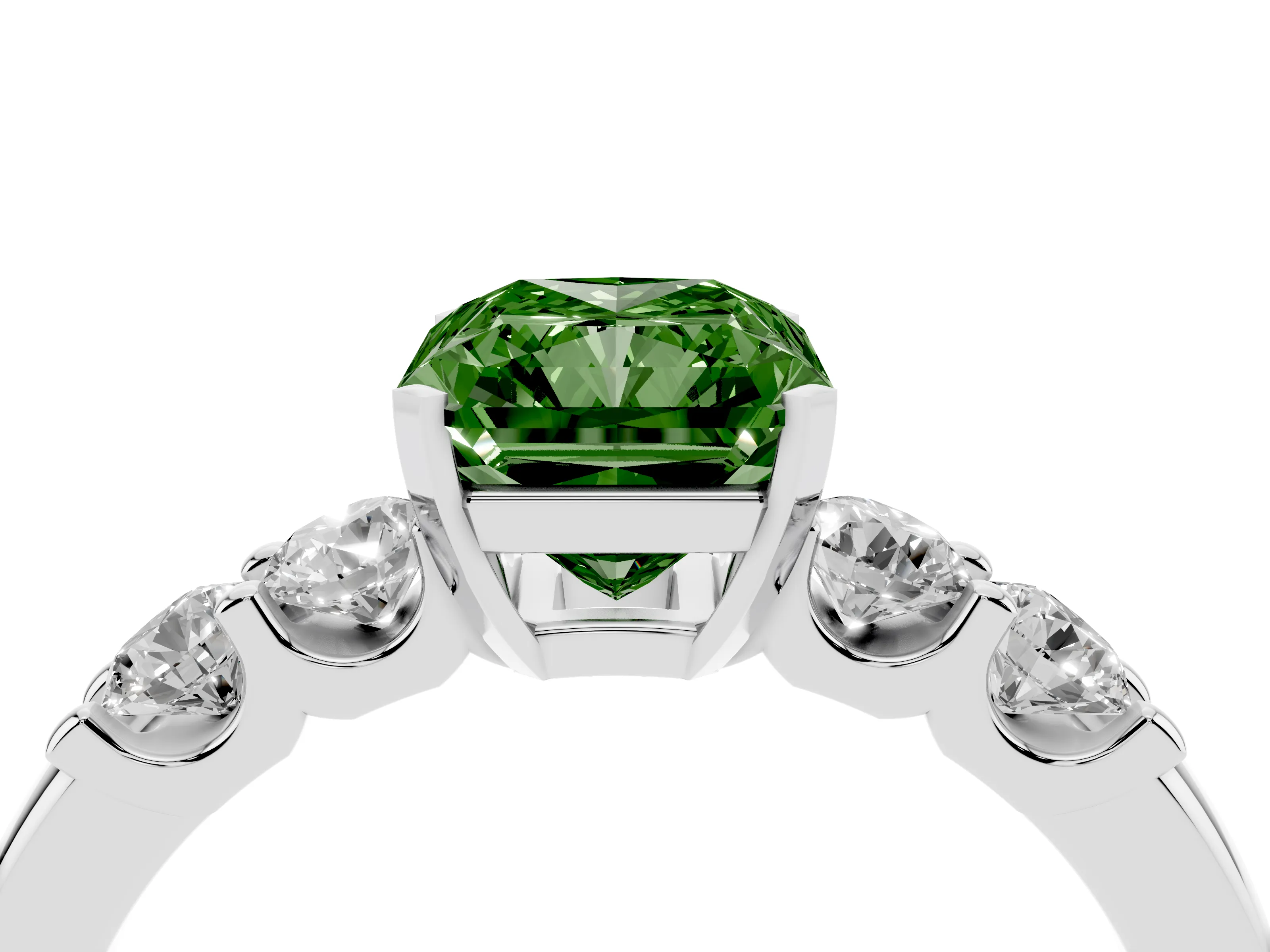 Fancy Green Radiant Cut Diamond Five-Stone Prong Set Engagement Ring Set in Platinum with Channel Band