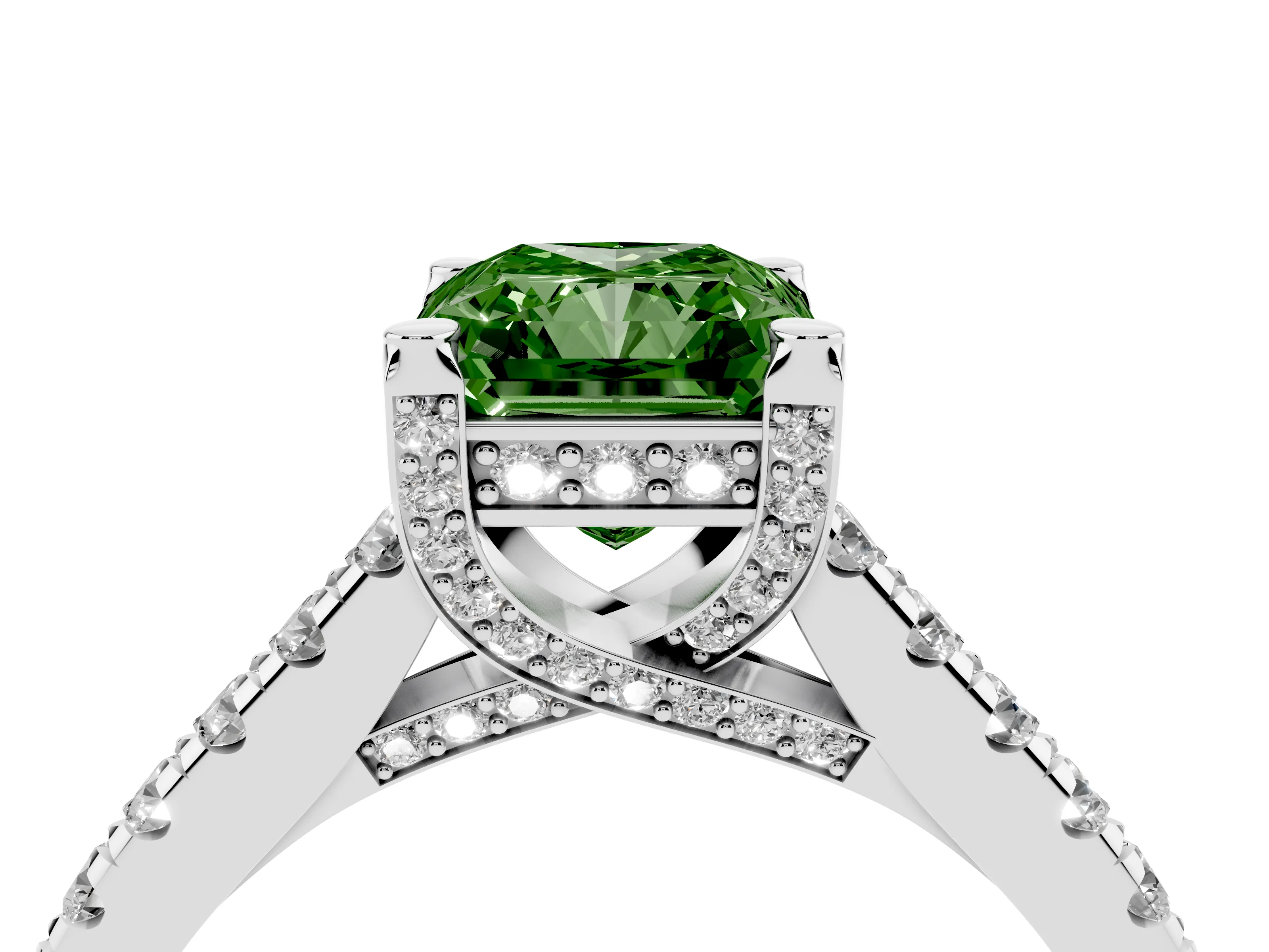 Fancy Green Radiant Cut Diamond Solitaire Ring Set in Silver with Brilliant Pavé Band and Prong Setting
