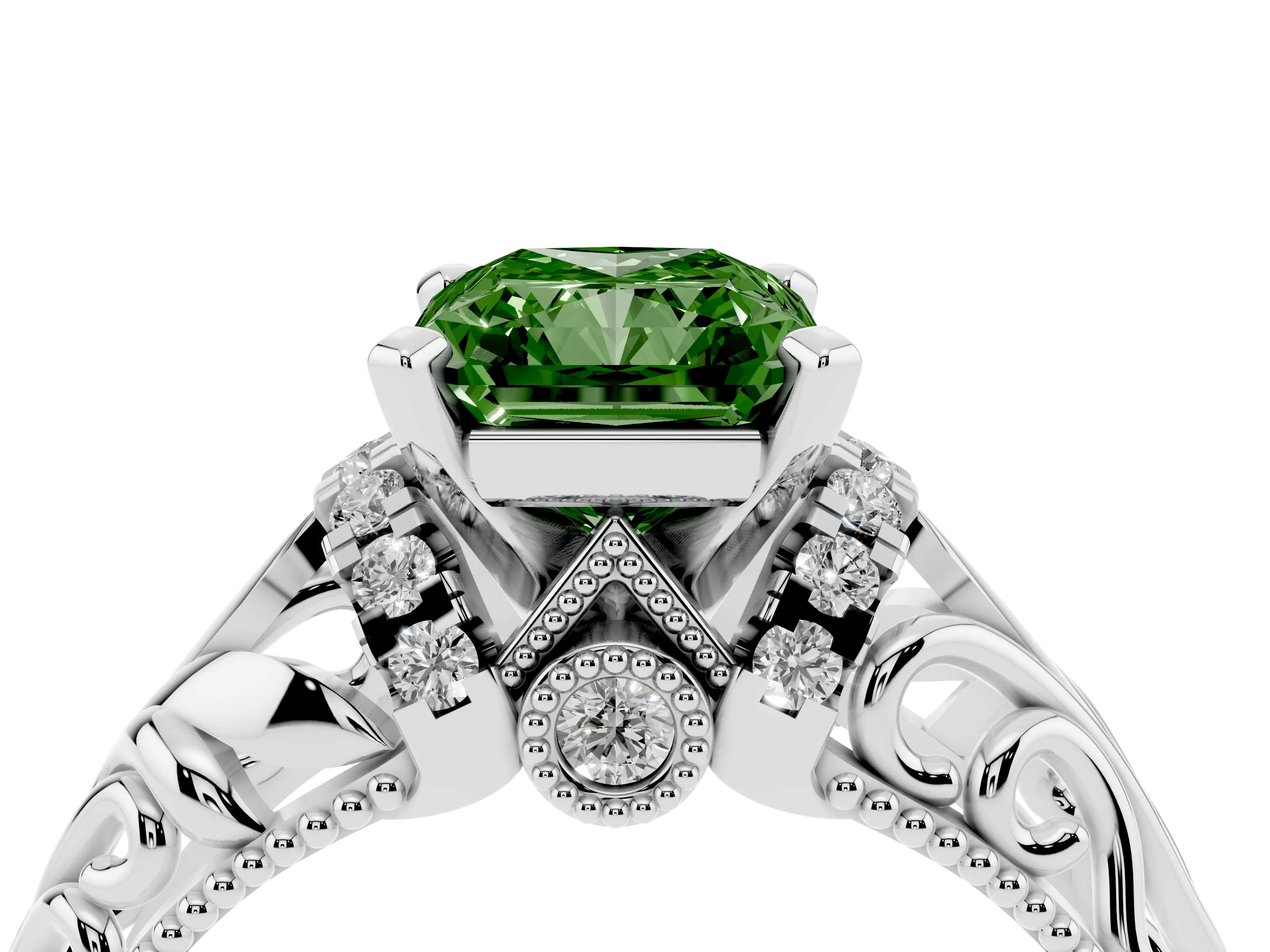 Fancy Green Radiant Cut Diamond Filigree Halo Engagement Ring Set in White gold with Prong Setting