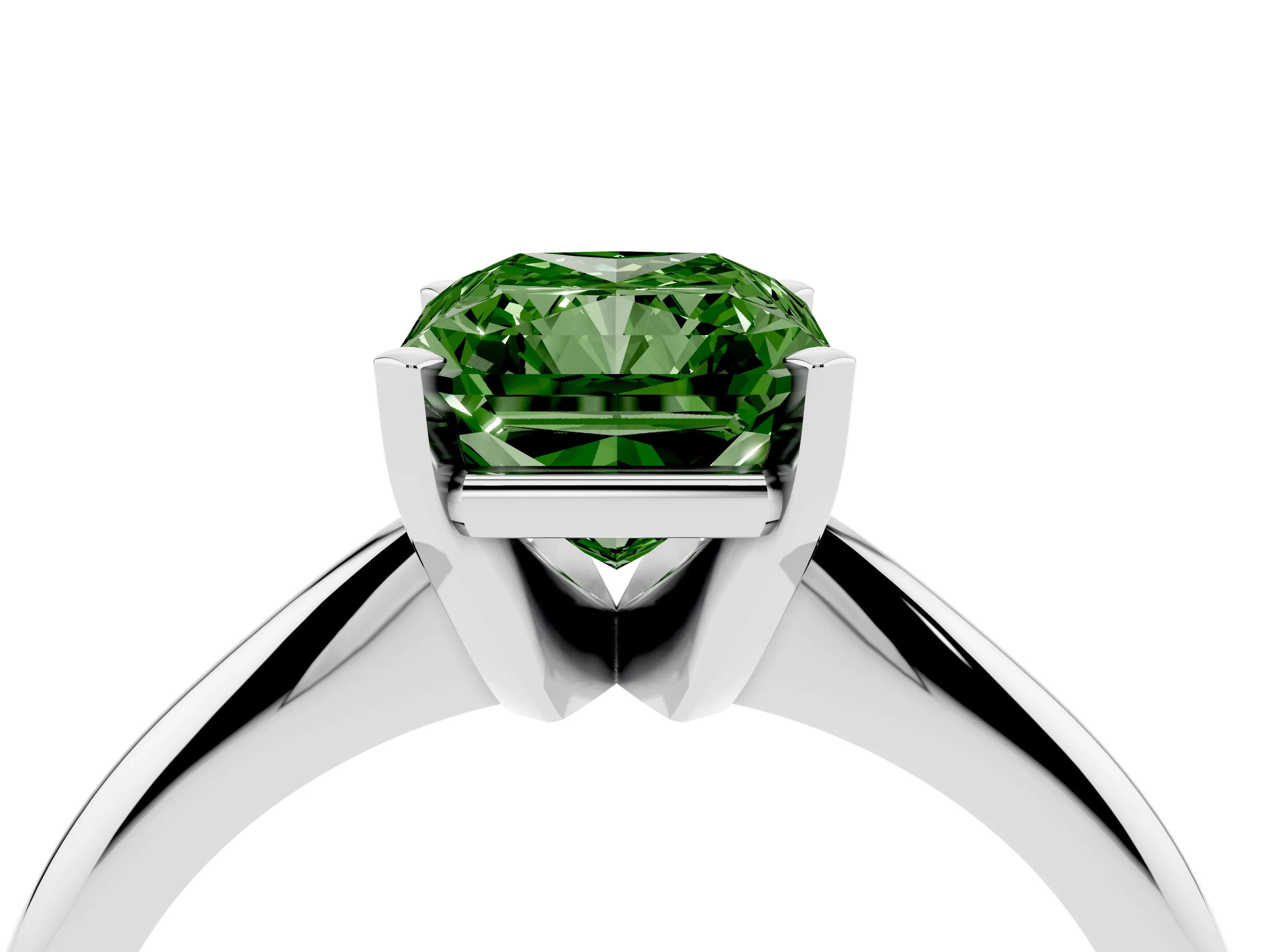Fancy Green Radiant Cut Diamond Solitaire Ring Set in Silver with Prong Setting on a Plain Round Band