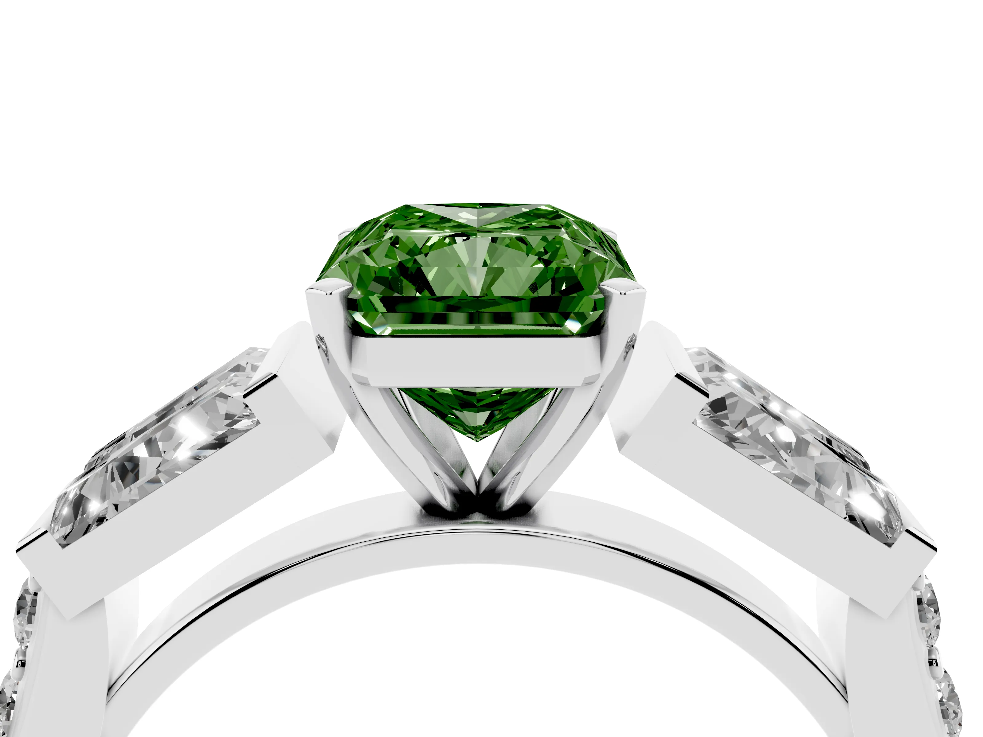 Fancy Green Radiant Cut Diamond Engagement Ring Set in Silver with Baguette Side Stones and Channel Set Band