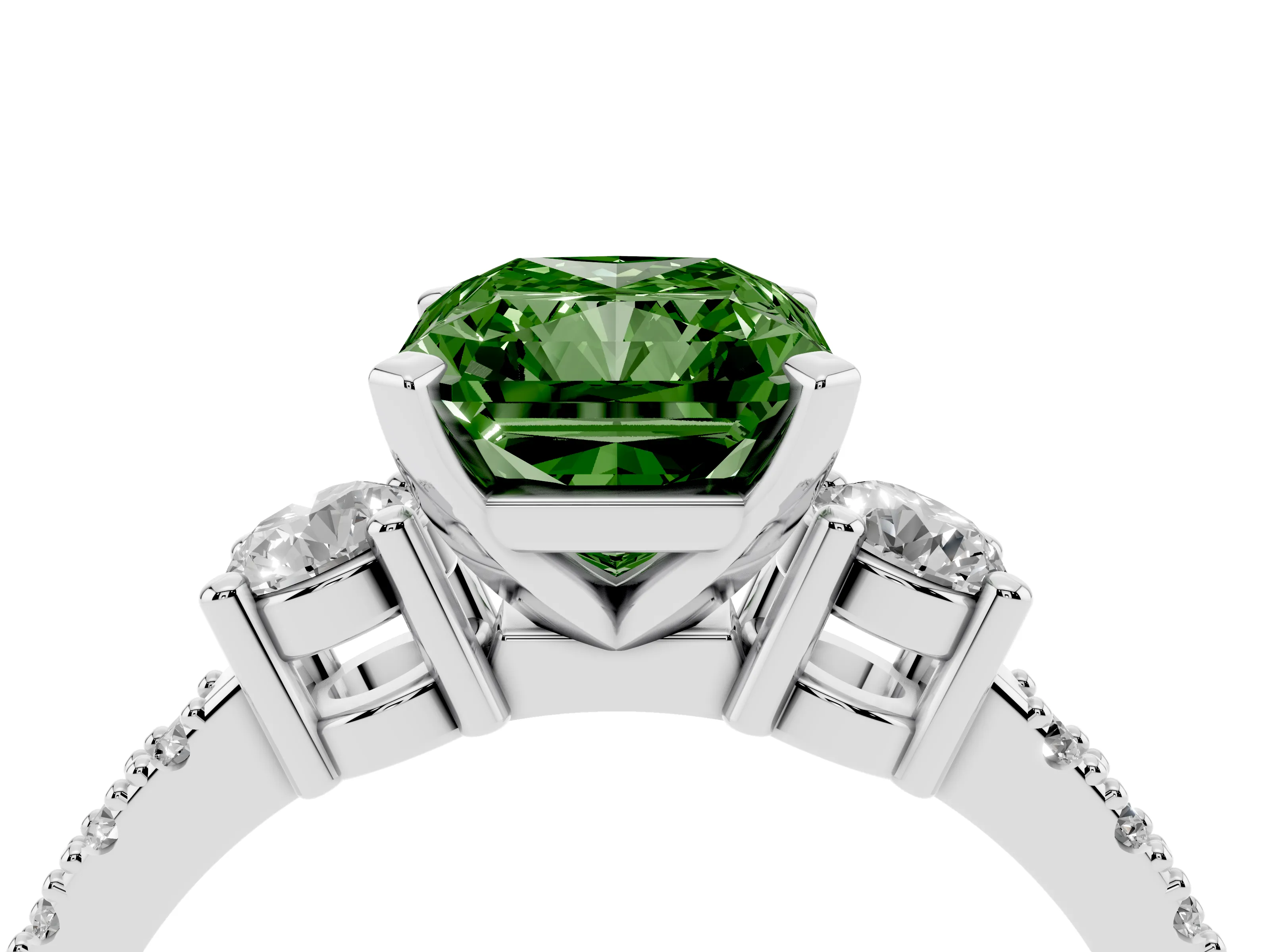 Fancy Green Three-Stone Radiant Cut Diamond Pavé Band Ring Set in White gold with Prong Setting